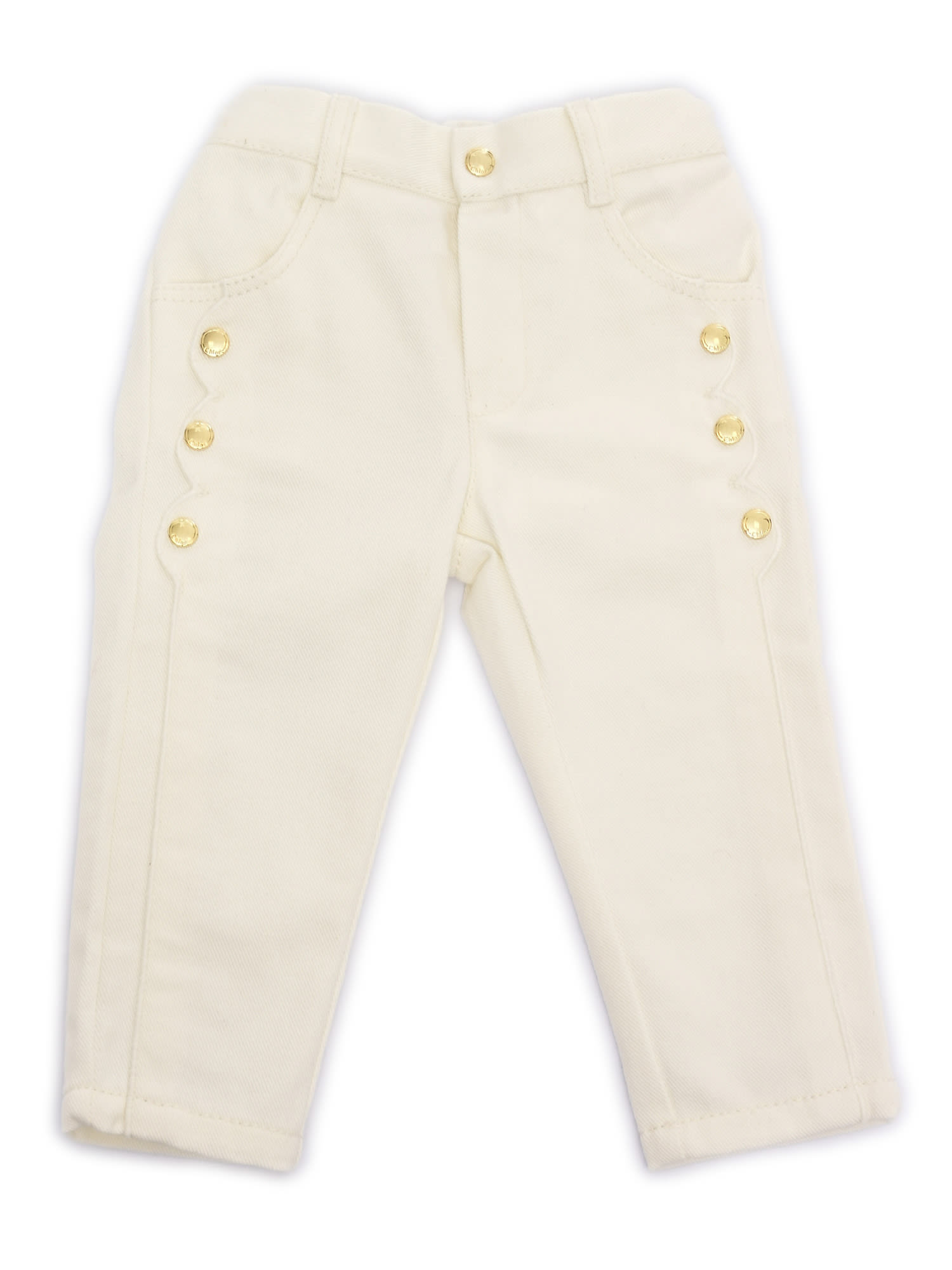 Chloé Five-pocket Organic Drill Pants With Scallops On Front. Waist And Zipper Fly Closure, Chlo Branded B In White