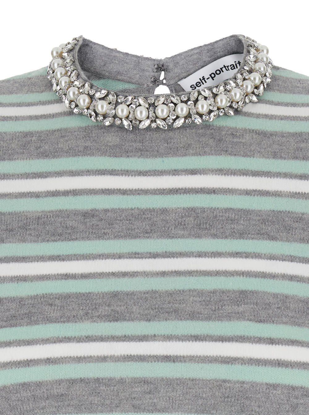 Self-portrait Grey Cropped Top Wih Crewneck With Crystal Embellishments And All-over Striped Motif In Wool Blend W In Multi