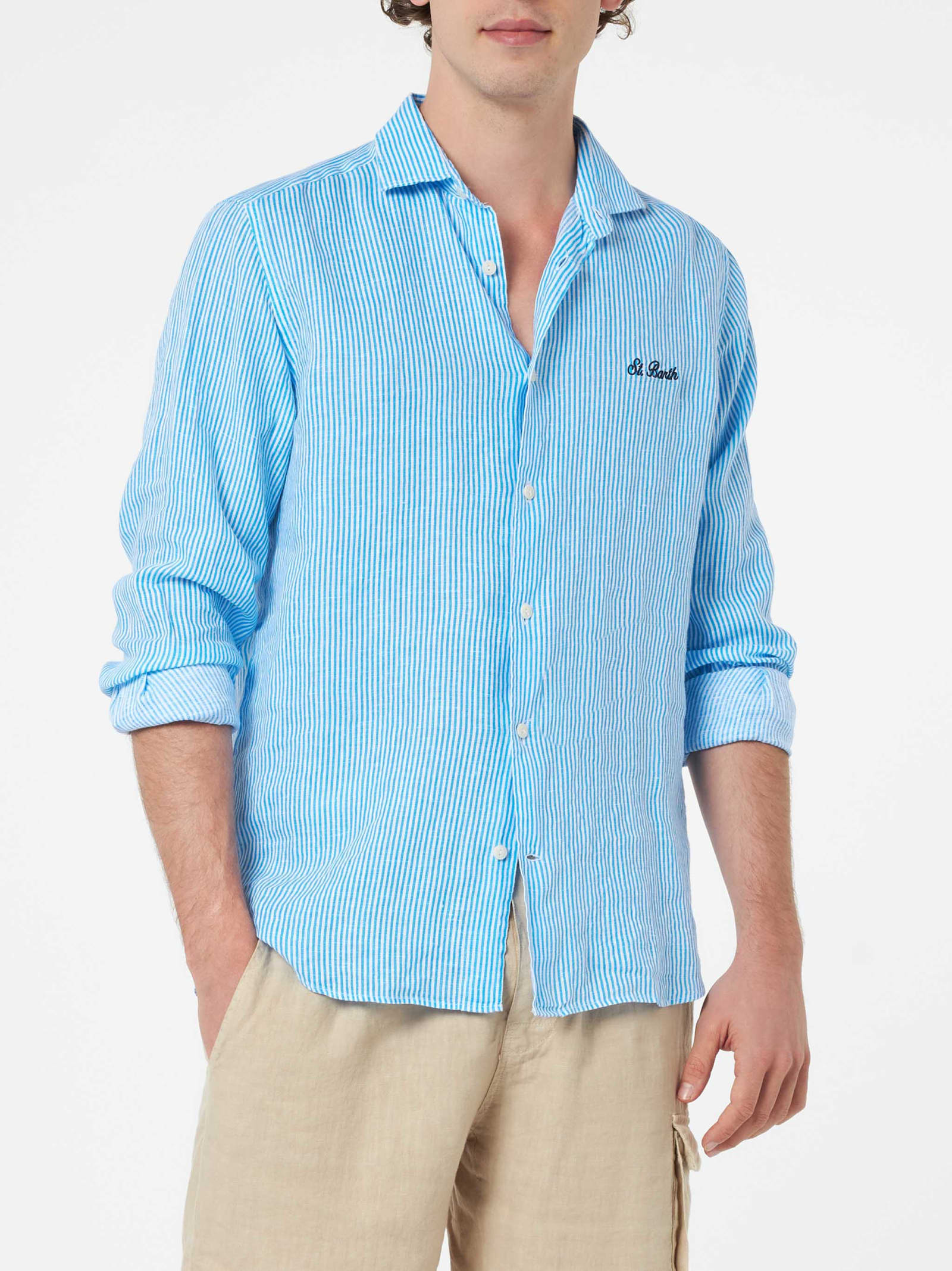 Shop Mc2 Saint Barth Man Turquoise Striped Linen Shirt Pamplona In Sky