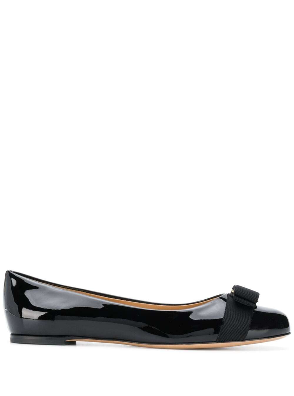 Salvatore Ferragamo Womans Varina Patent Leather Flat Shoes With Bow