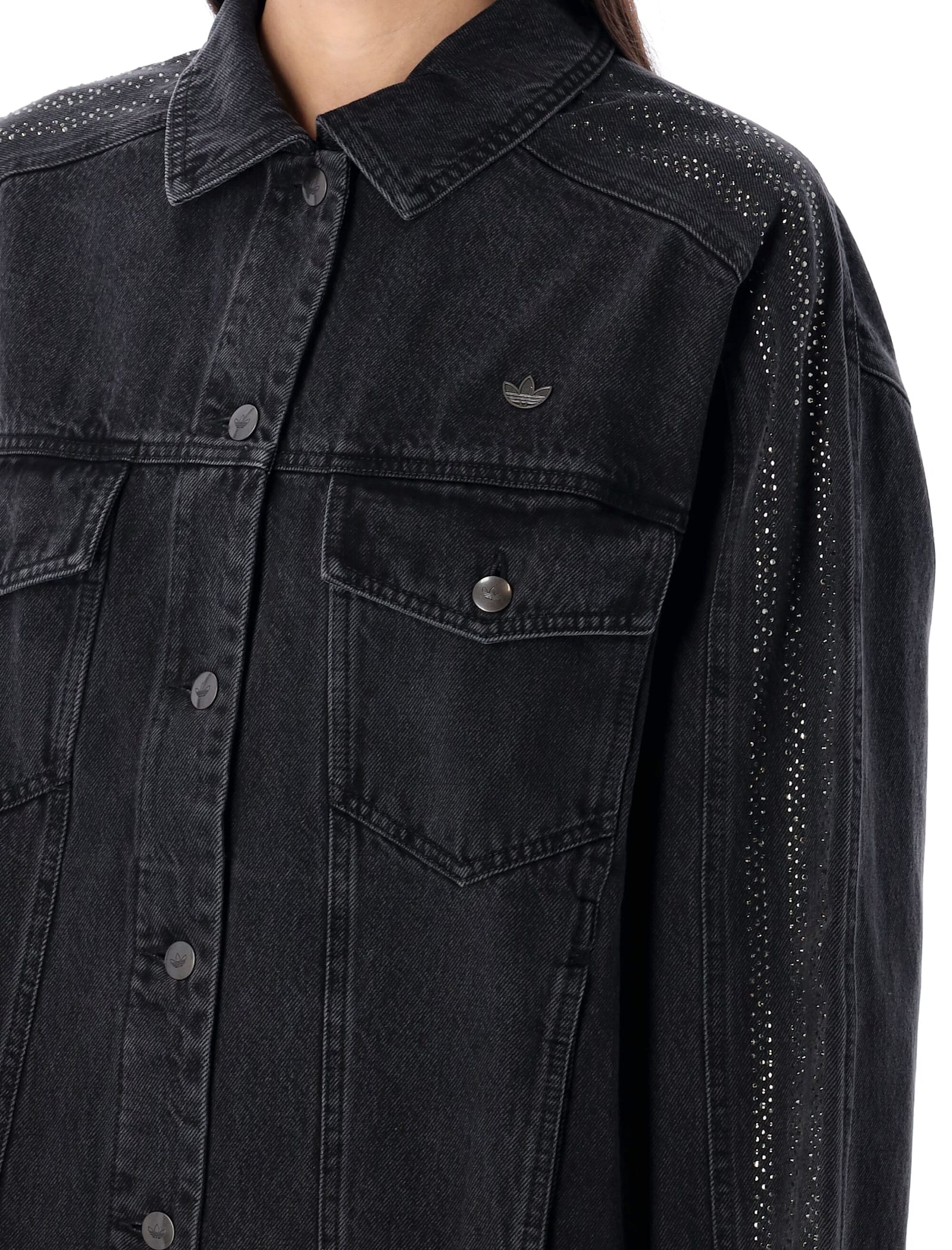 Shop Adidas Originals Atlanta Rhinestone Denim Jacket In Black