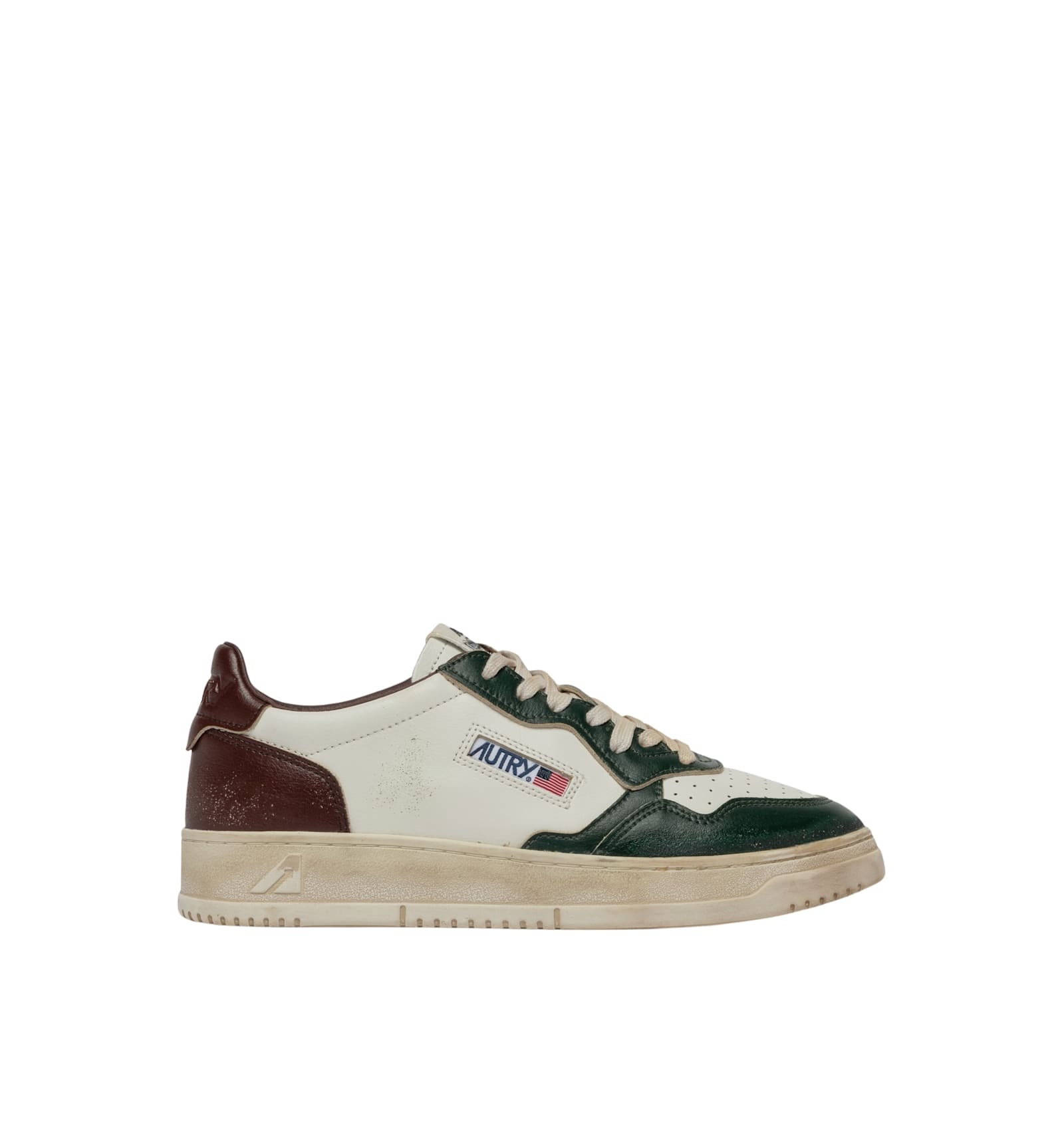 Autry Medalist Low Super Vintage Sneakers In White Pine Grove Leather And Rum Raisin In Animal Print