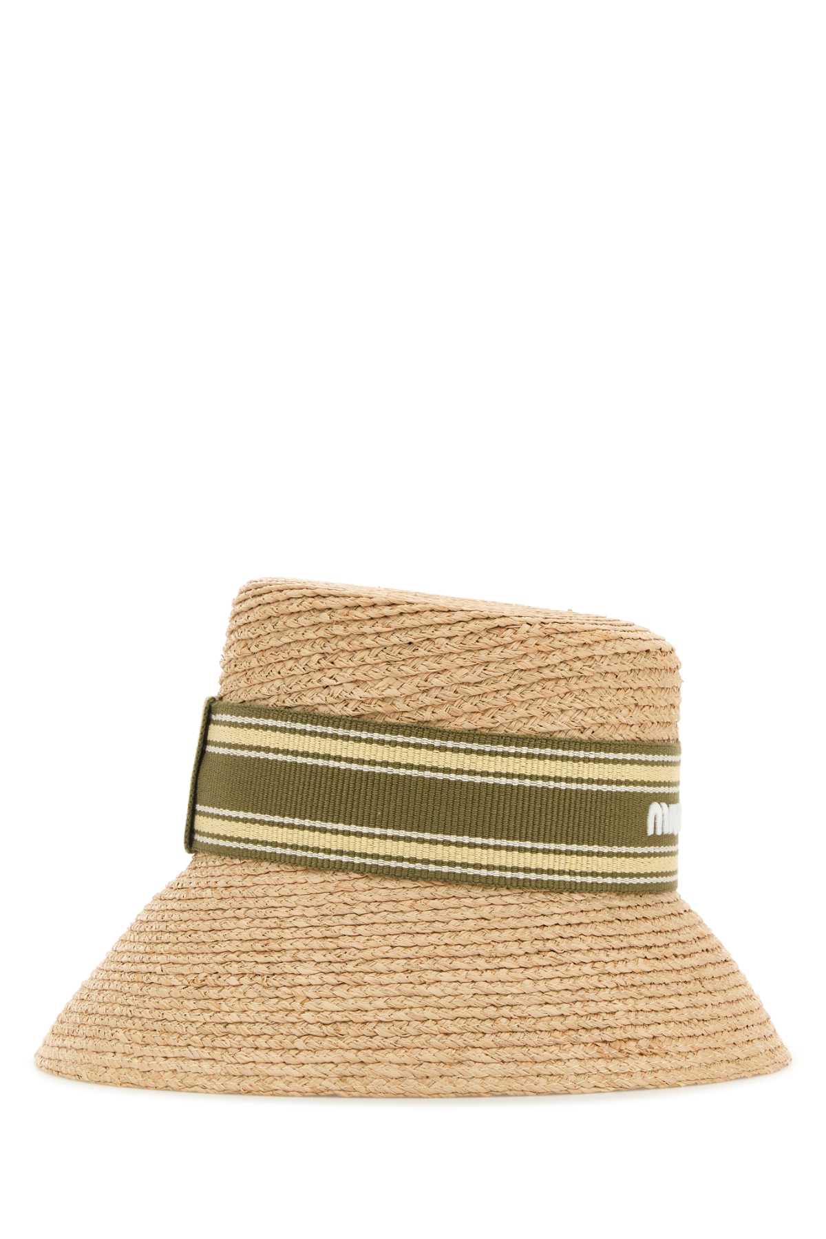 Miu Miu Raffia Hat With Ribbon Band And Wide Brim In Brown