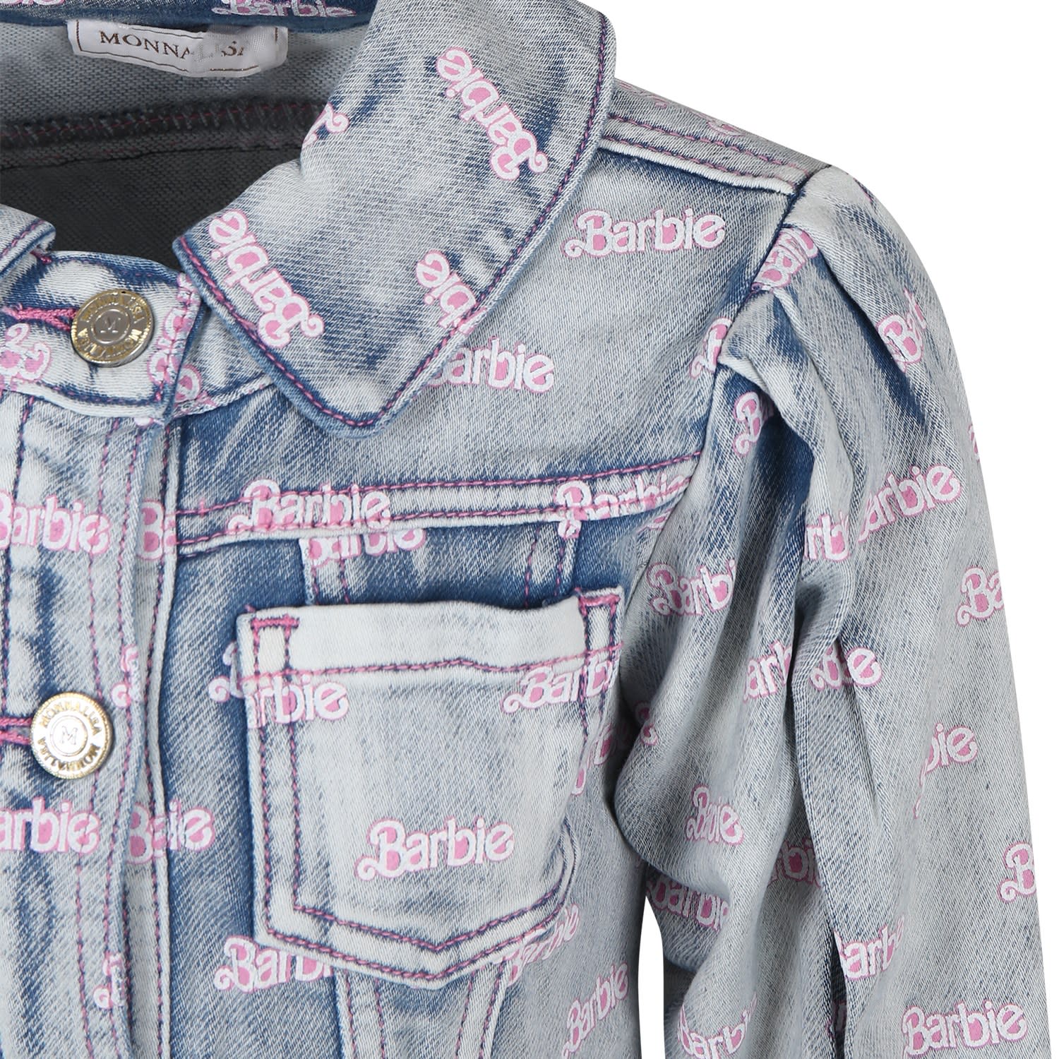 Shop Monnalisa Blue Jacket For Girl With All-over Writing In Denim