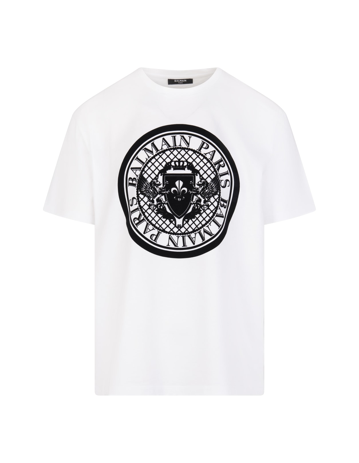 Balmain Man White T-shirt With Black Flocked Logo