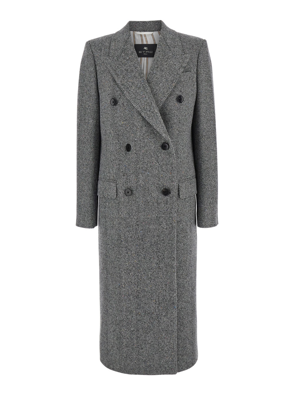 Shop Etro Grey Long Double-breasted Coat With Chevron Motif In Wool Blend Woman