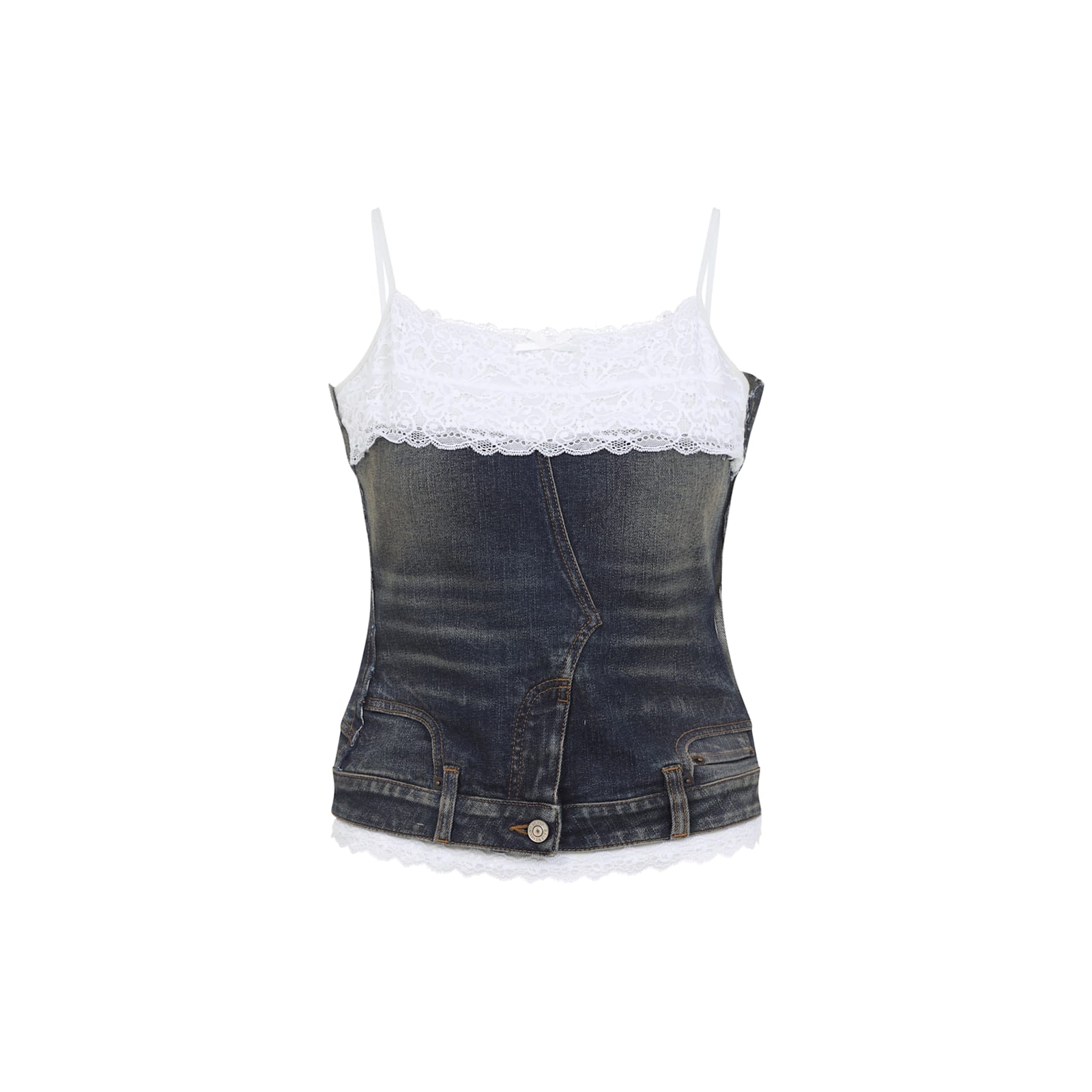 Balenciaga Denim Top With Lace Trim And Rhinestone Embellishments In Black