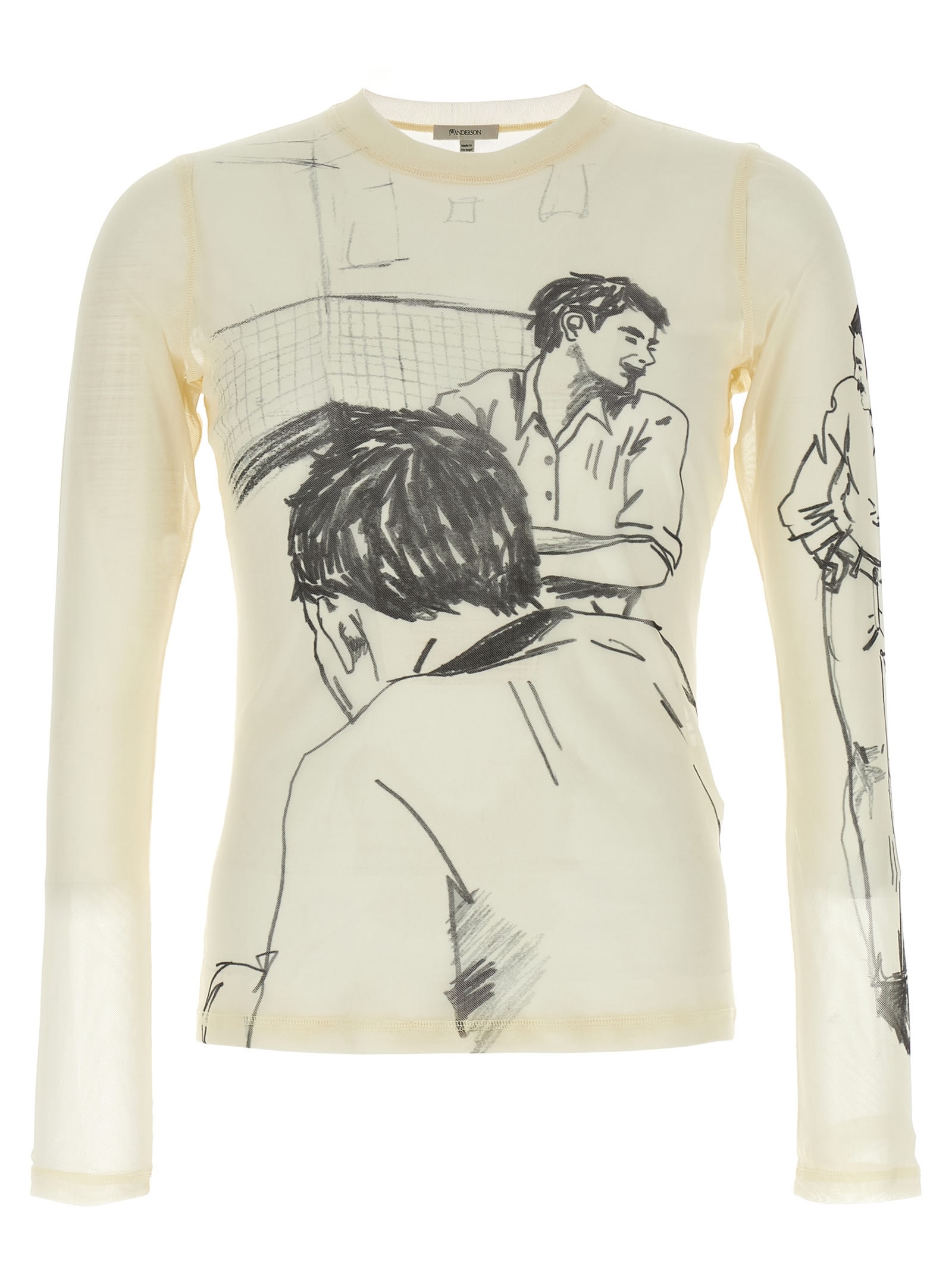 Jw Anderson Sheer Crew Neck Illustrated Long Sleeve T-shirt In Nude