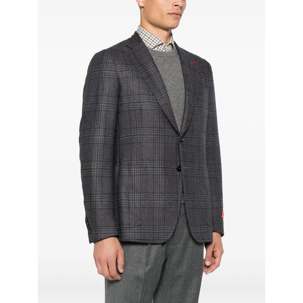 Isaia Checked-pattern Wool-silk Blend Blazer In Multi