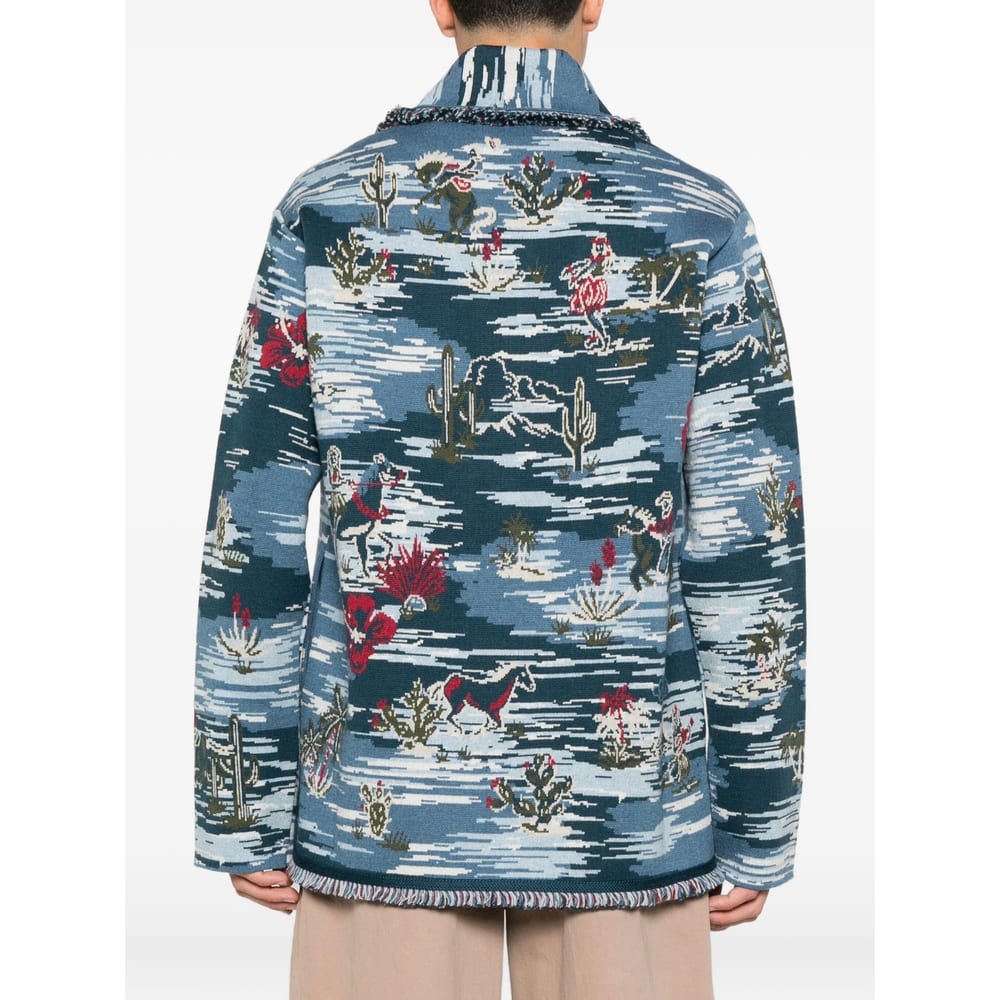 Alanui Fringed Patterned Cardigan In Blue