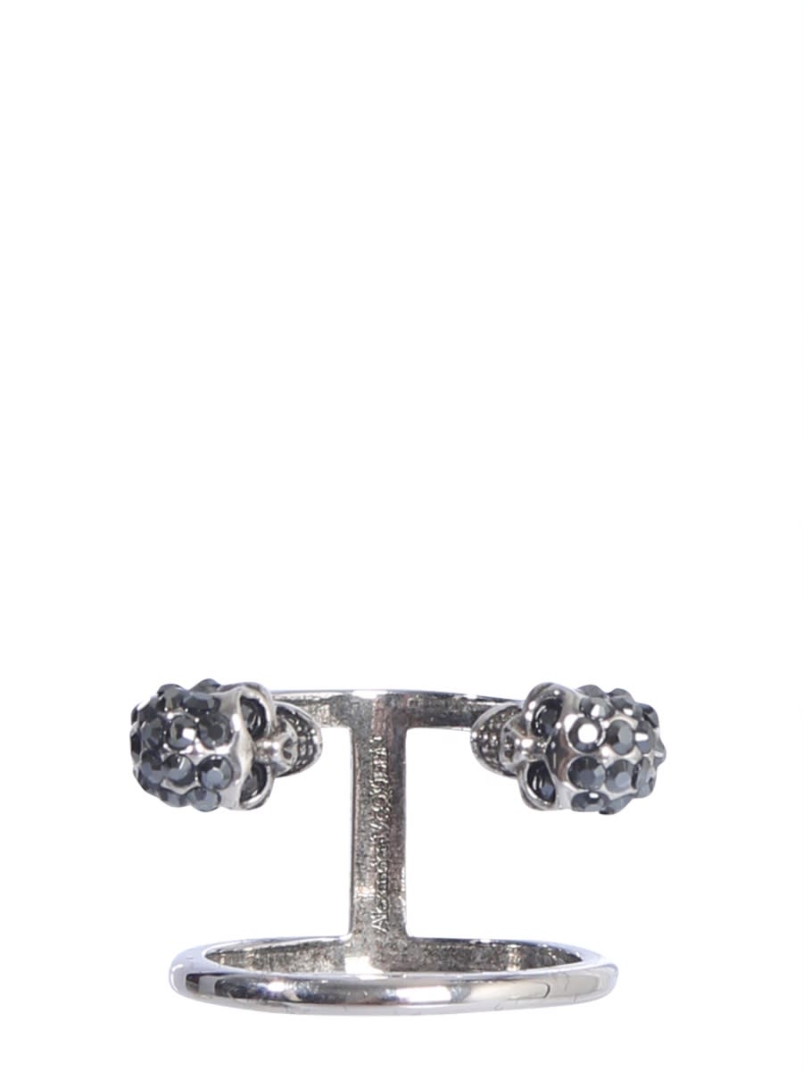 Alexander Mcqueen Twin Skull Double Ring In Metallic