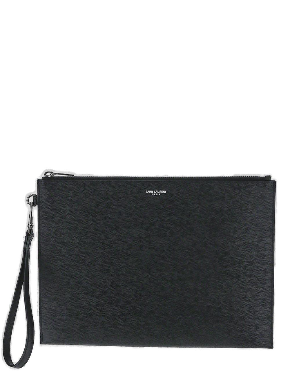 Shop Saint Laurent Logo Printed Zip-up Clutch Bag In Black