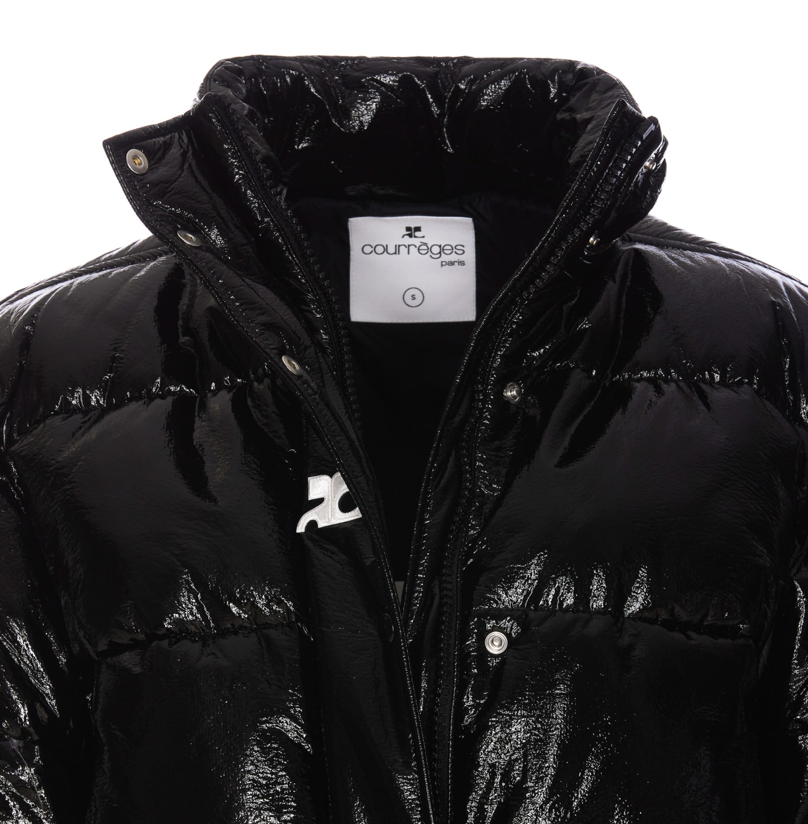 Shop Courrèges Cropped Vinyl Puffer Jacket In Black