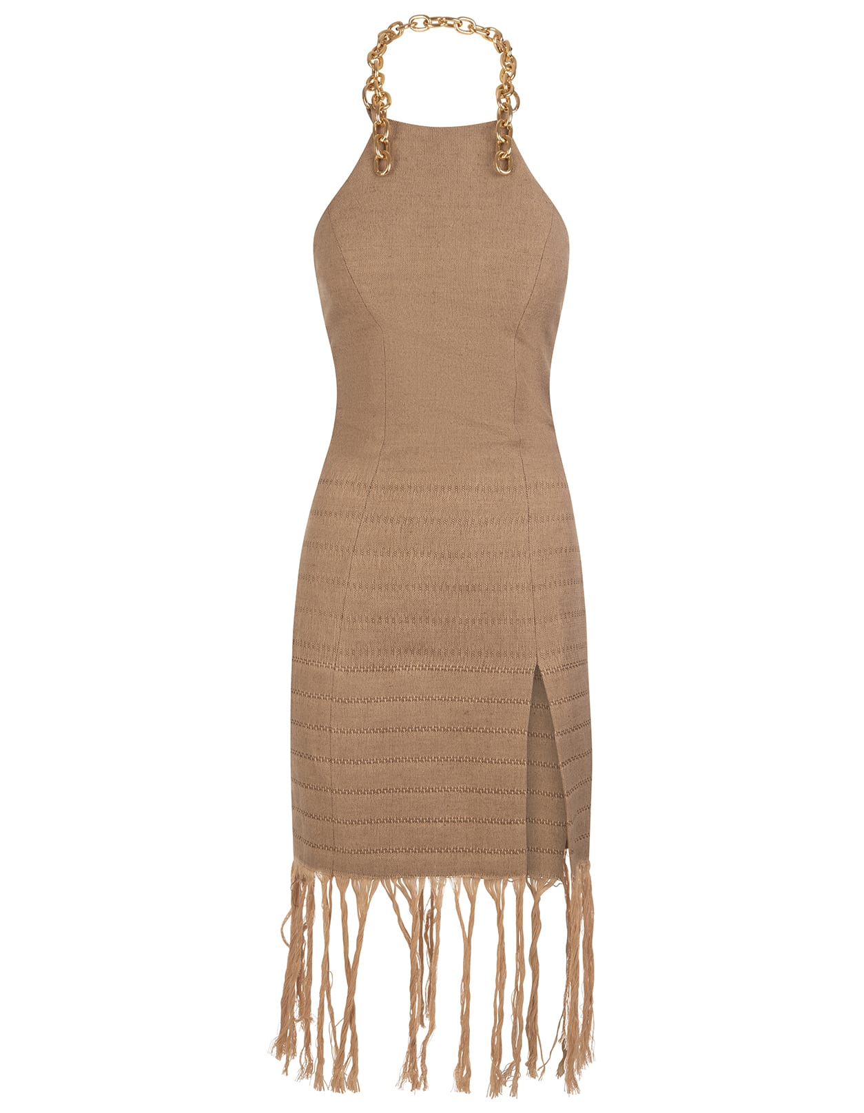 Giuseppe di Morabito Short Dress In Camel Linen Blend With Fringes And Chain