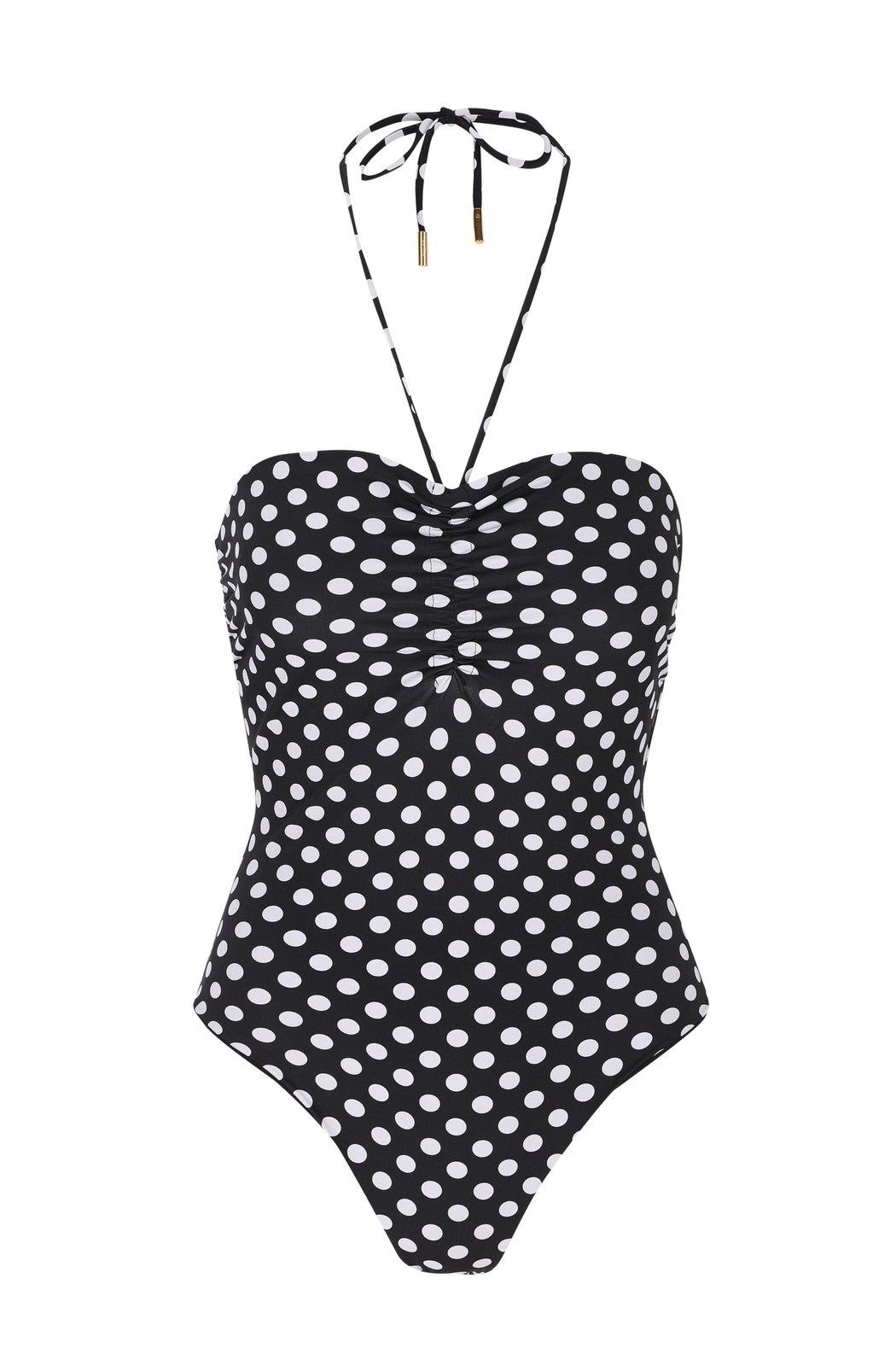 Shop Saint Laurent Dotted Bustier Swimsuit In Noir/naturel