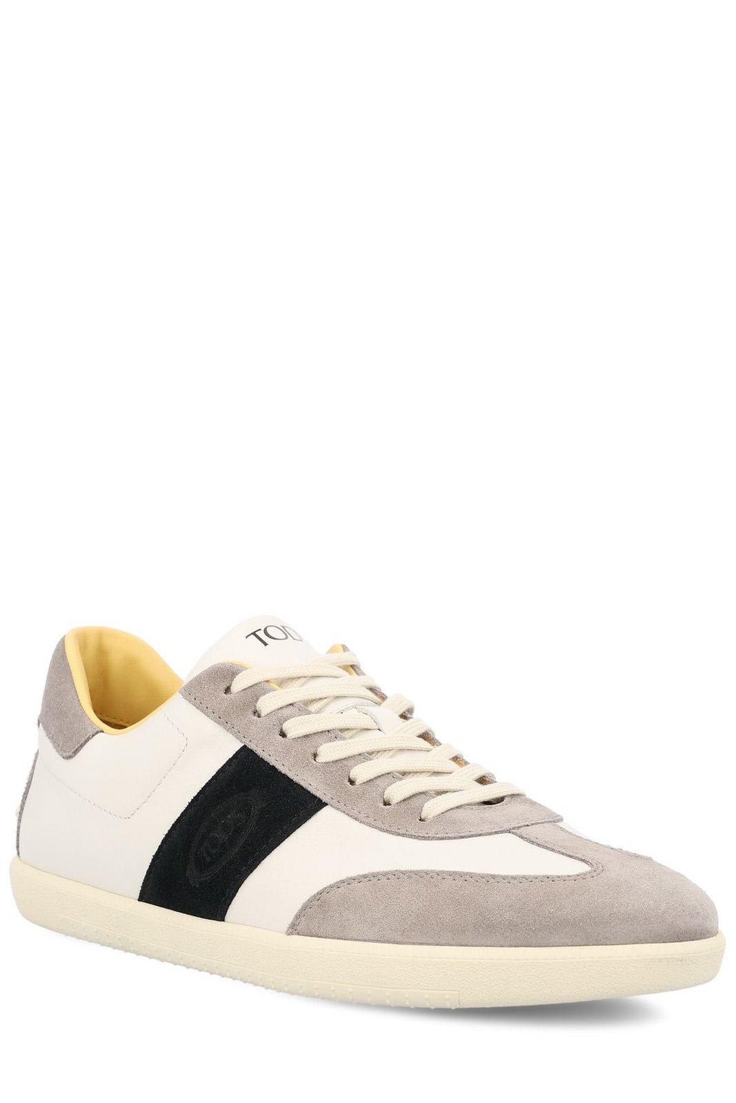 Tod's Color-blocked Leather Sneakers With Signature Gommino Sole In Bianco Nero Grigio