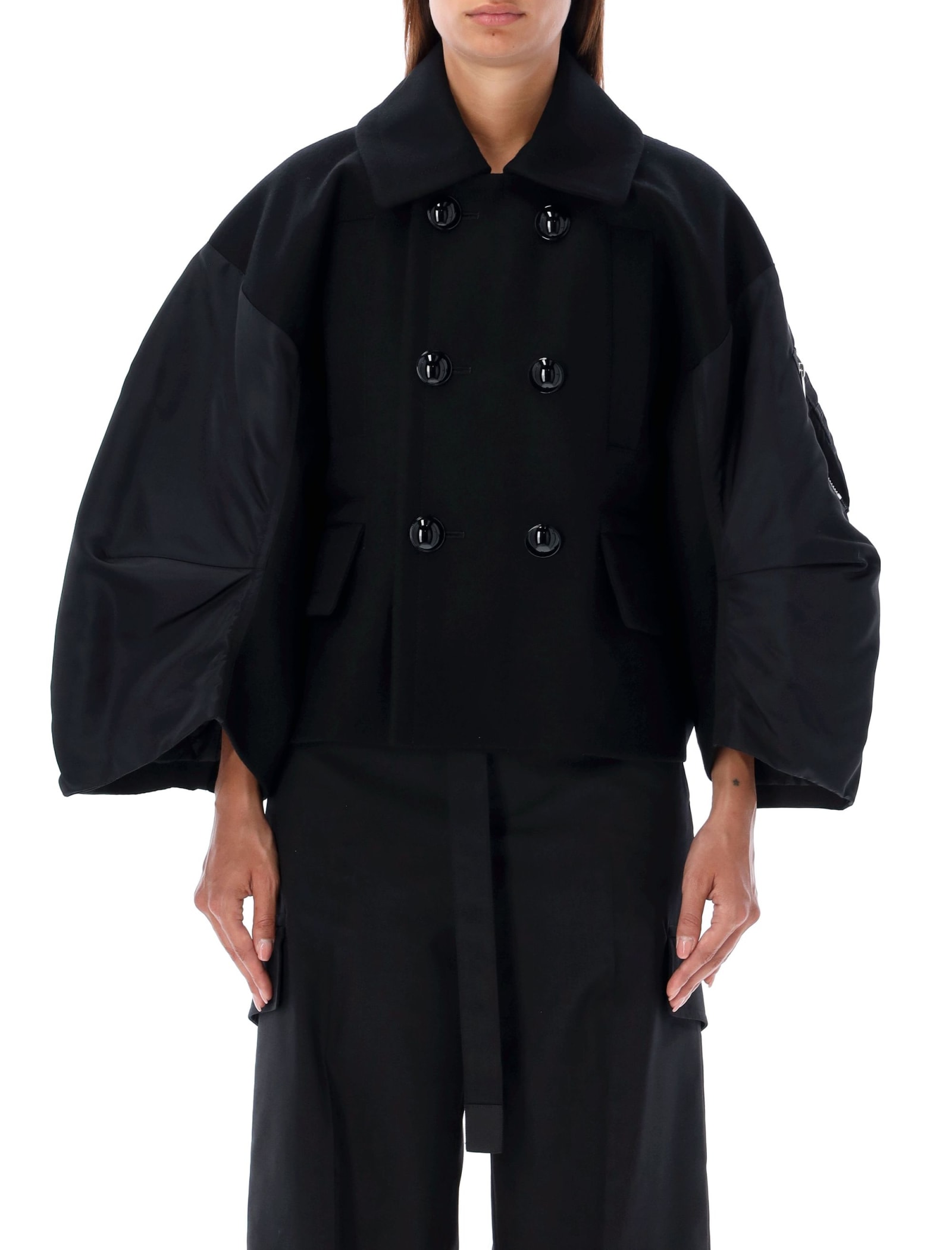 Shop Sacai Baloon Sleeve Short Coat In Black