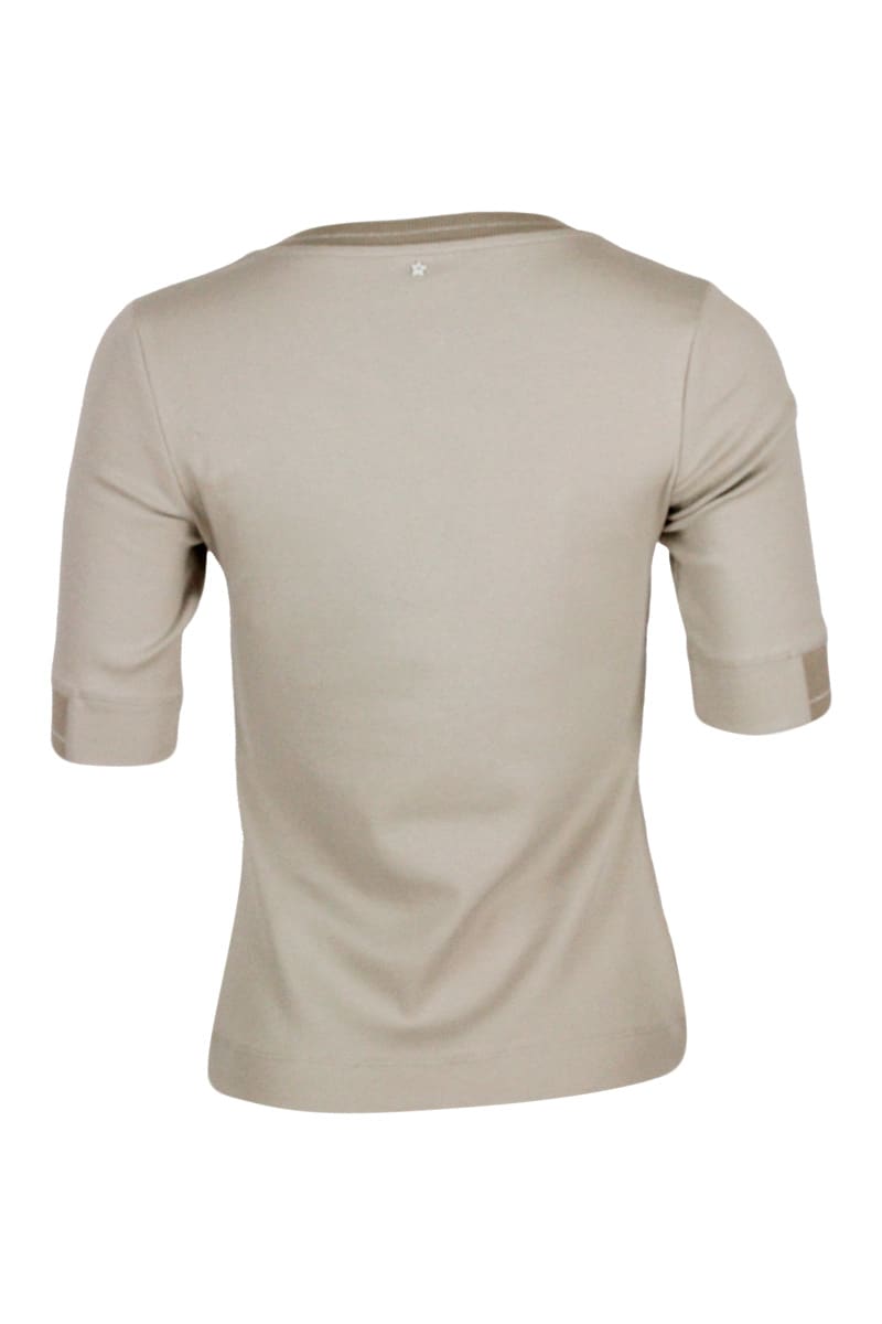 Shop Lorena Antoniazzi Short-sleeved Ribbed Crew-neck Cotton T-shirt With Button Closure And Swarosky Star In Beige