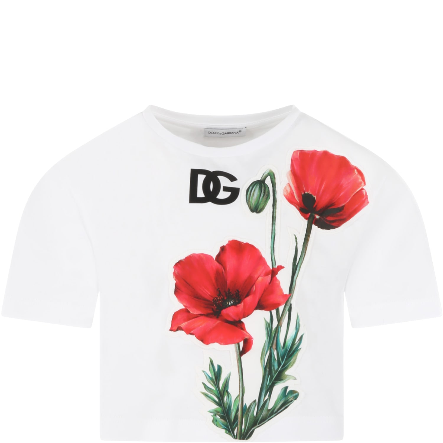 Dolce & Gabbana White T-shirt For Girl With Logo And Poppies