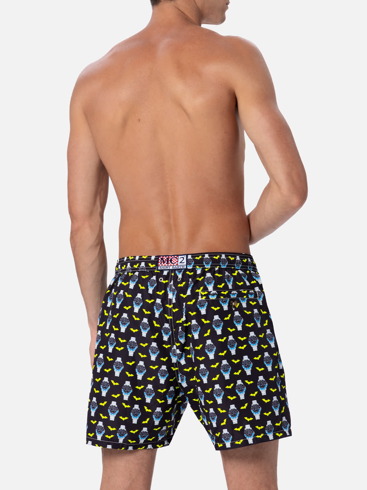 Shop Mc2 Saint Barth Man Lightweight Fabric Swim-shorts Lighting Micro Fantasy With Watches Print In Black