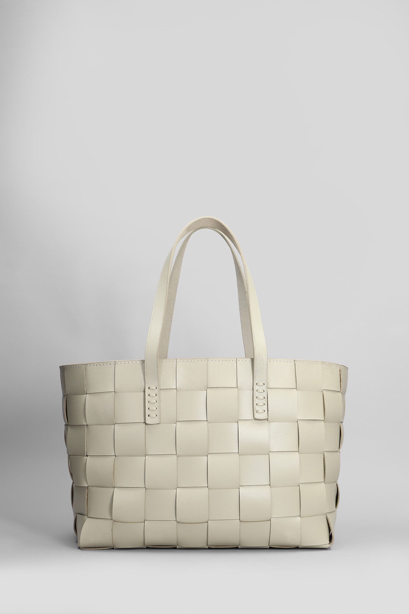 Box Weave Basket Tote In Beige Leather