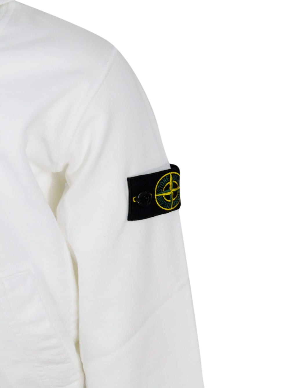 Stone Island Cotton Sweatshirt With Hood, Kangaroo Pockets And Logo On The Sleeve In White