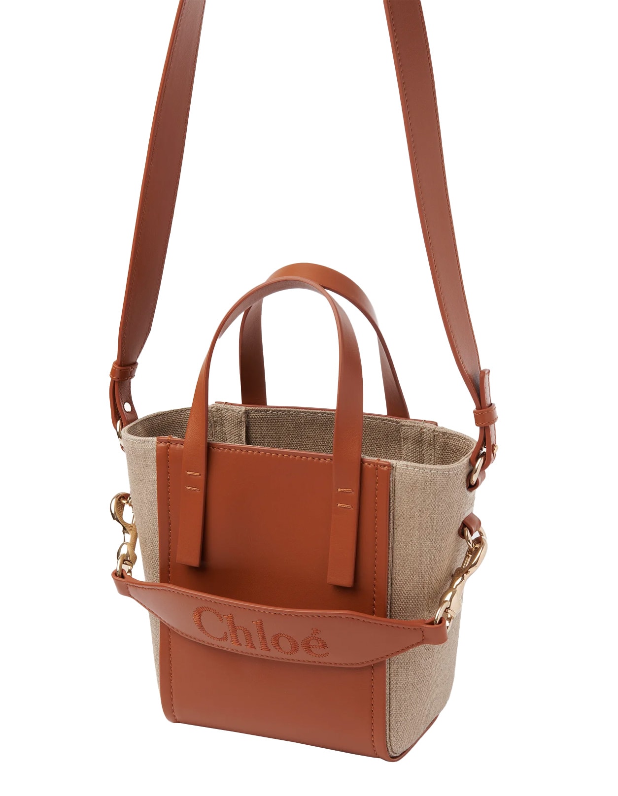 Shop Chloé Natural Linen And Caramel Leather Sense Bag In Brown