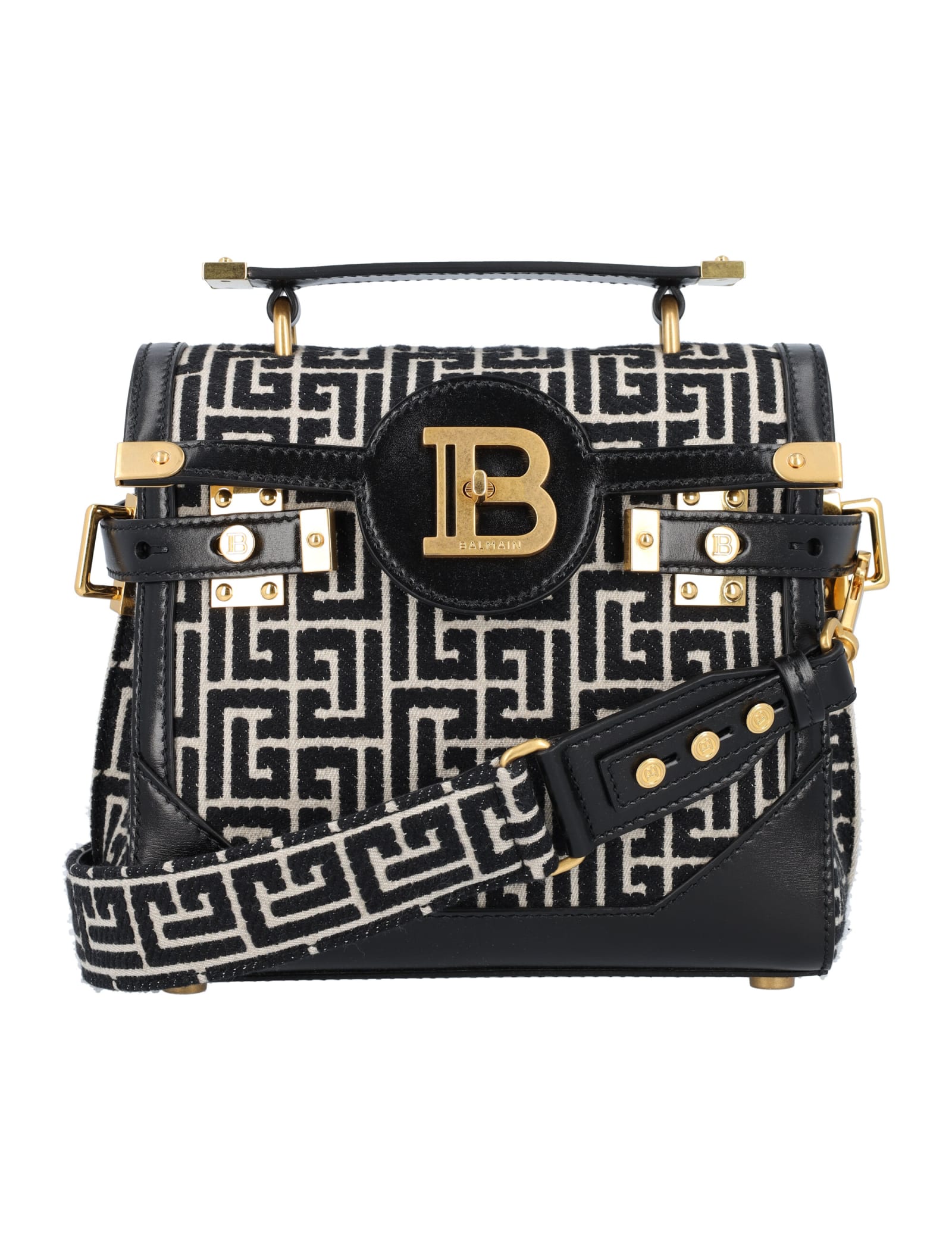 Balmain Bicolor Canvas Jacquard B-buzz 23 Bag With Black Leather Panel