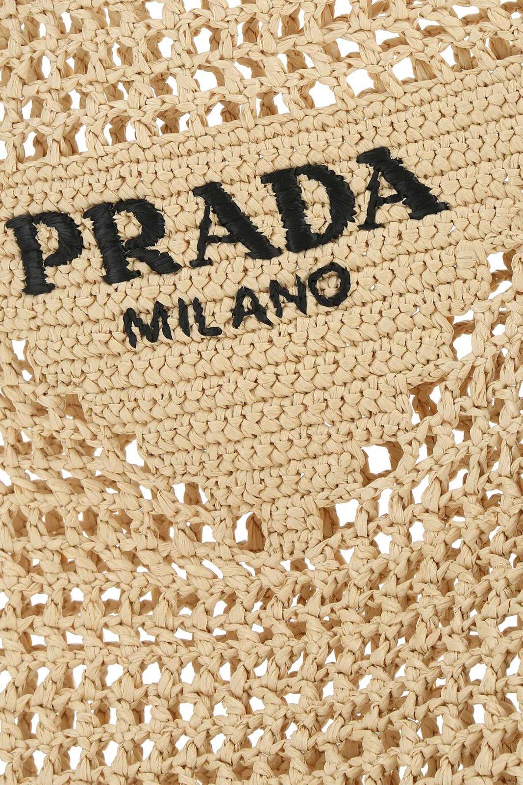 Prada Logo Embroidered Woven Tote Bag In Naturale