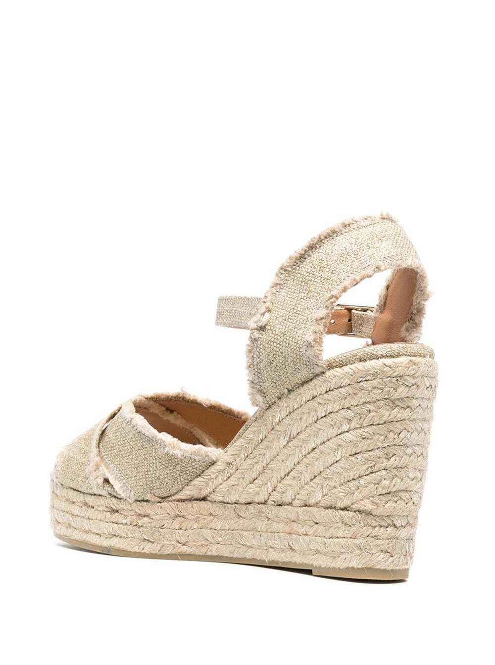Shop Castaã±er Beige Wedge Sandals With Criss-crossed Straps In Canvas And Straw Woman Castaner In Metallic
