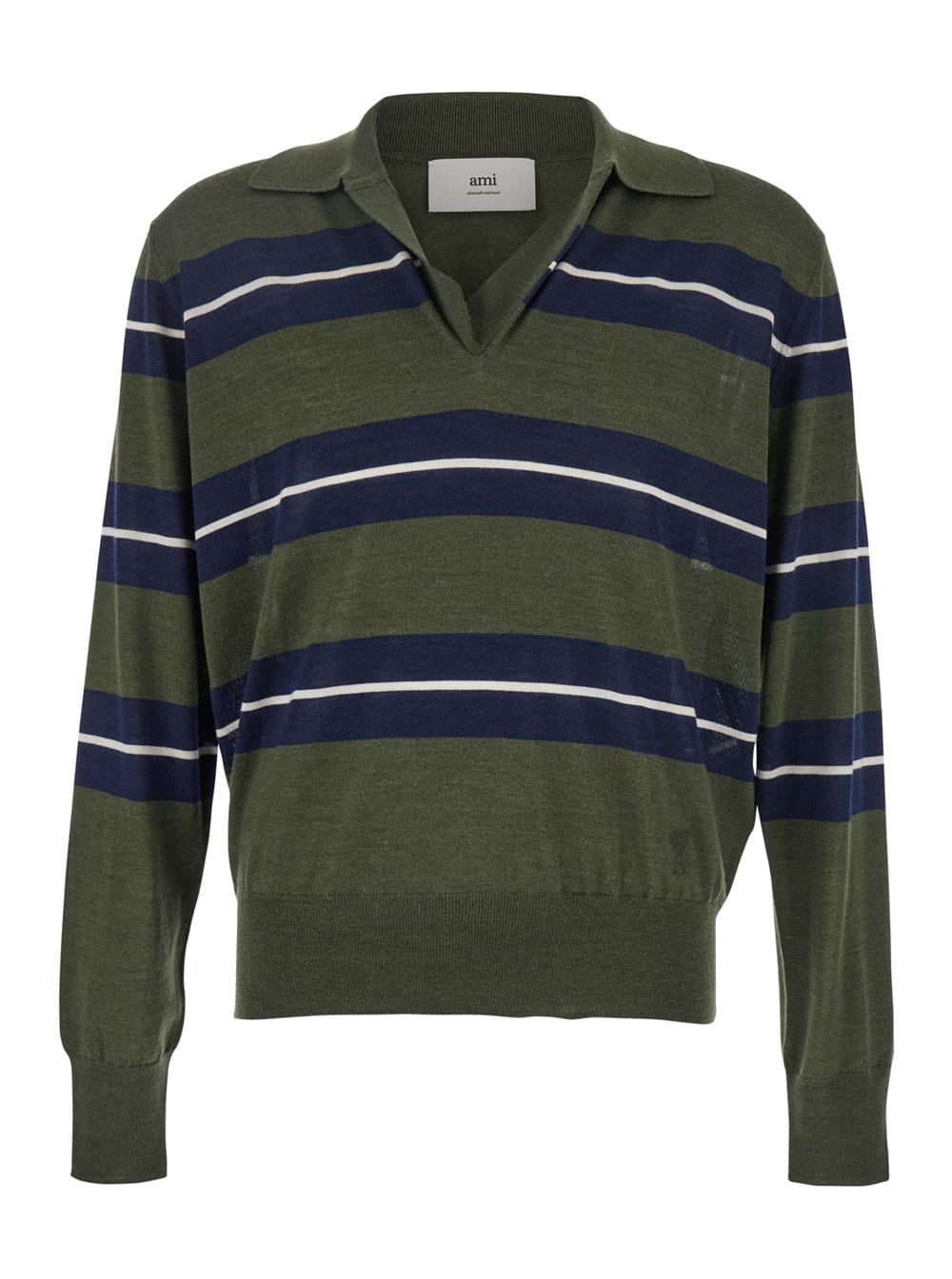 Shop Ami Alexandre Mattiussi Green Polo With All-over Striped Motif And Polo-style Collar In Wool And Silk Blend Man