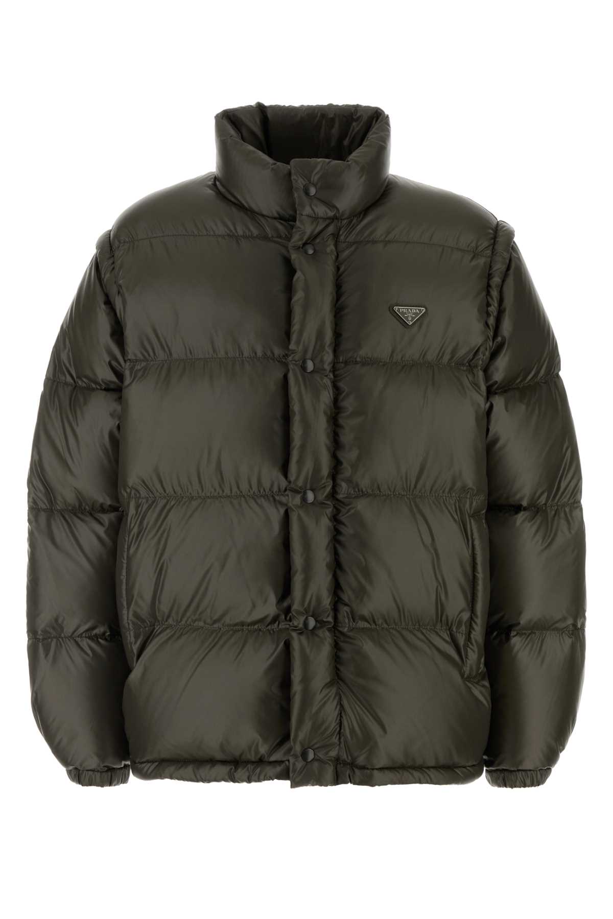 Prada Olive Green Nylon Down Jacket In Black