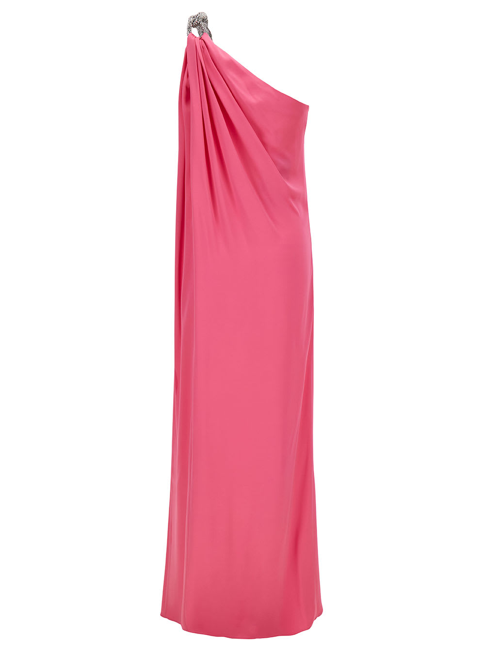 Shop Stella Mccartney Pink One-shoulder Maxi Dress With Crystal Chain In Double Satin Woman