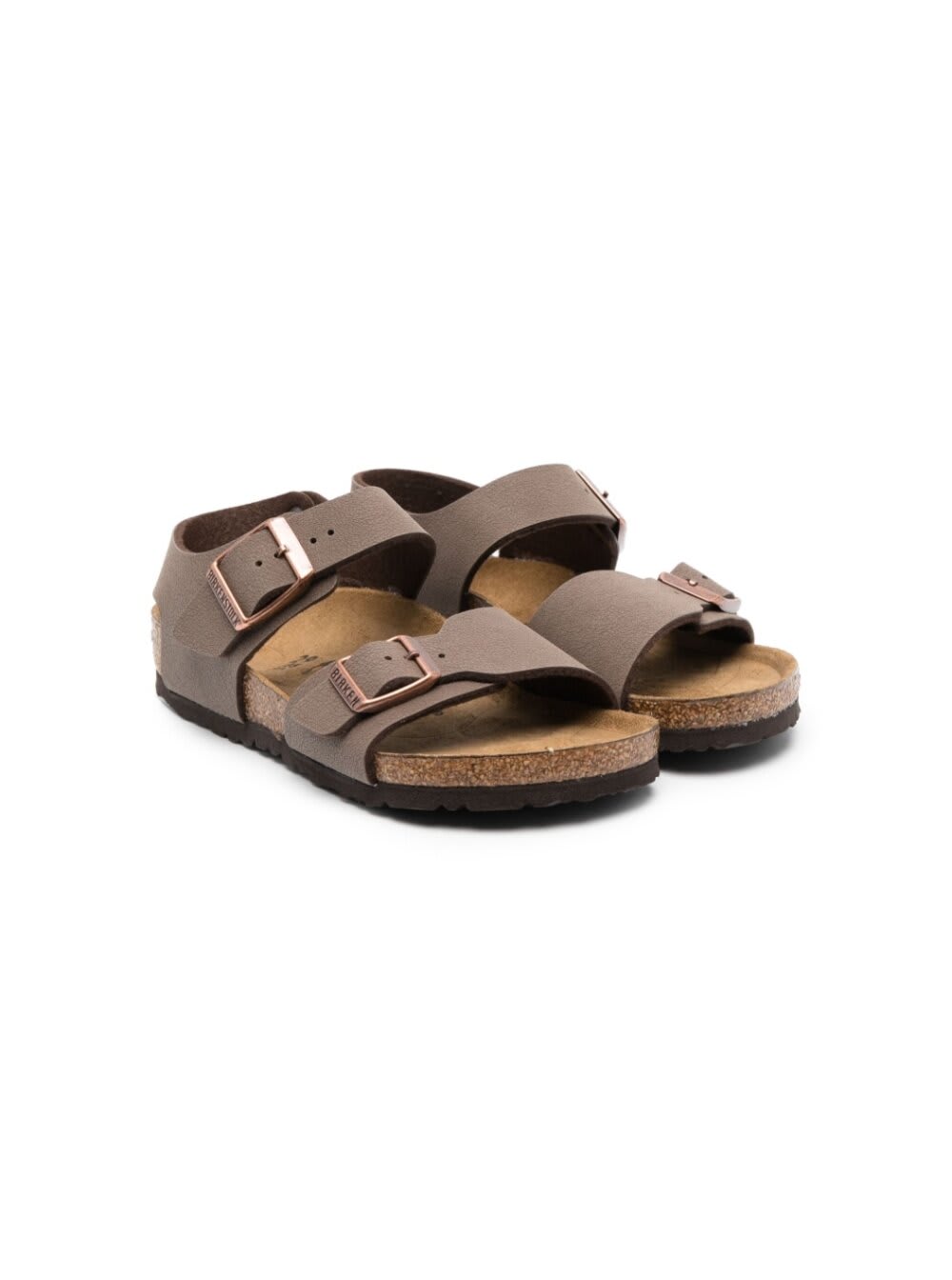 BIRKENSTOCK NEW YORK BROWN SANDALS WITH DOUBLE BUCKLES IN FAUX LEATHER BOY