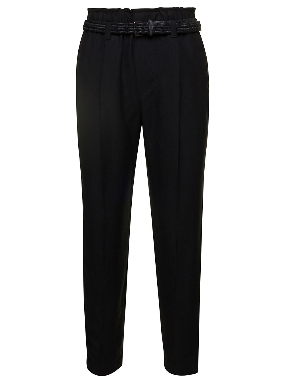 Black Cropped Pull-up Pants With Belt In Rayon Blend Woman