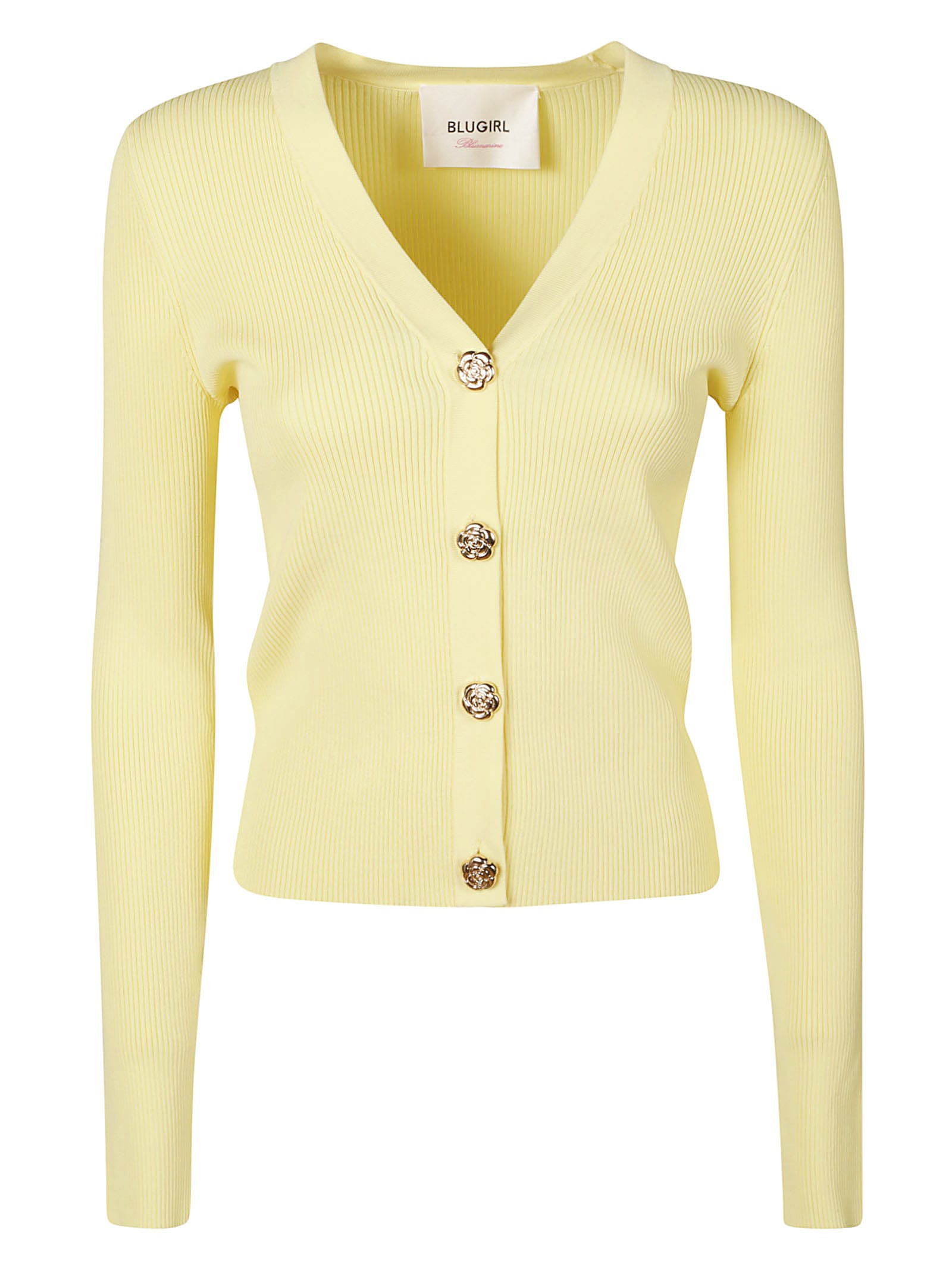Shop Blugirl Floral Buttons Rib Knit Cardigan In Yellow