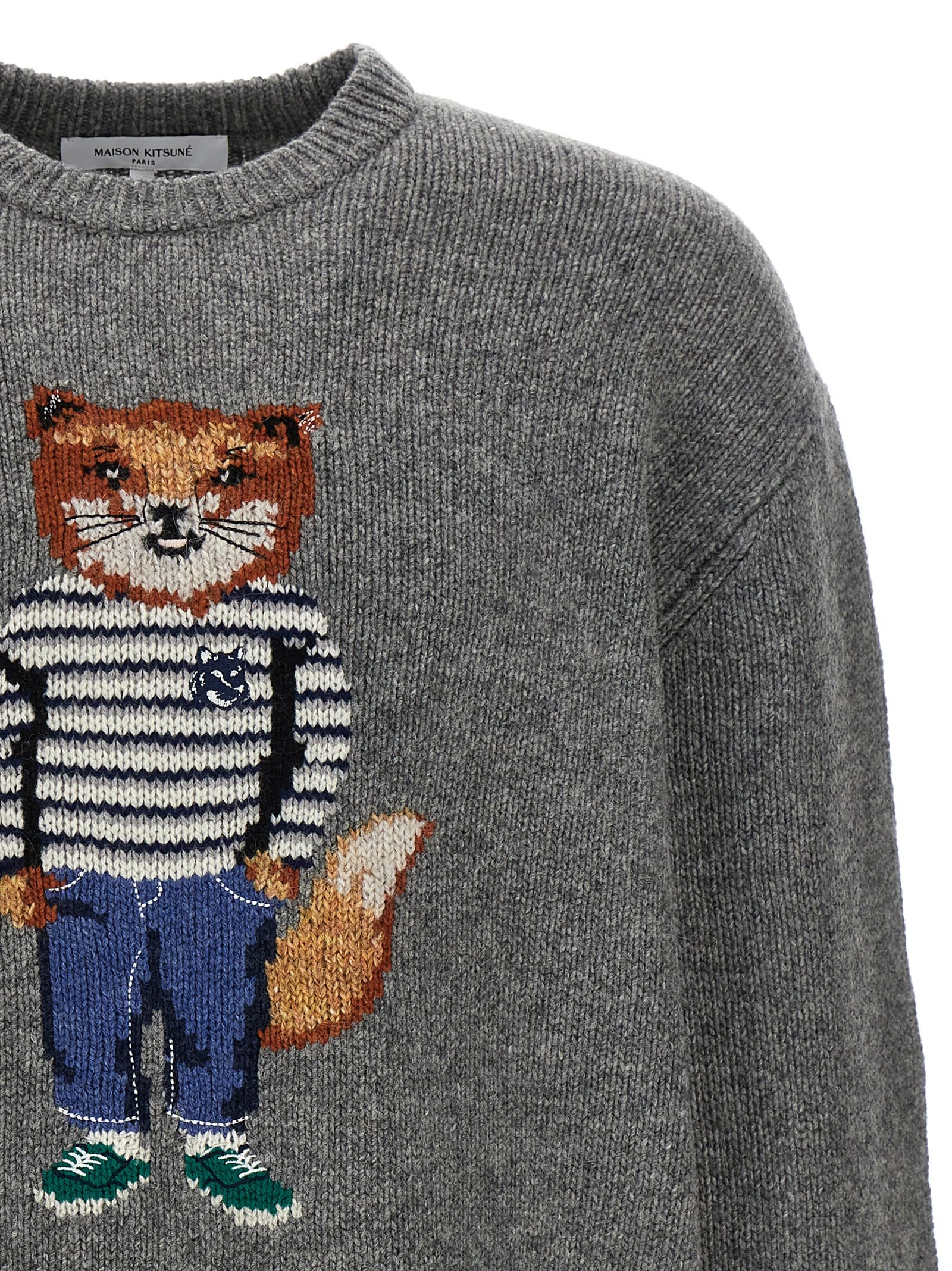 Shop Maison Kitsuné Fox Intarsia Sweater In Medium Grey Melange