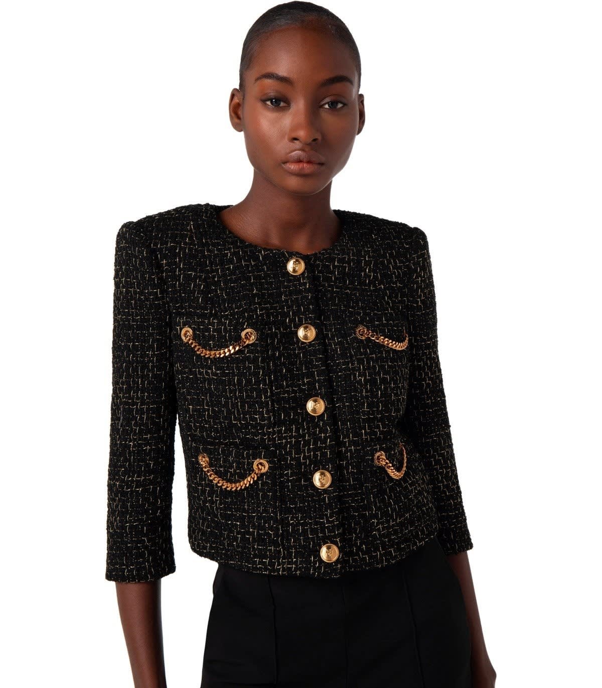 Shop Elisabetta Franchi Short Lurex Tweed Jacket With Chains In Nero
