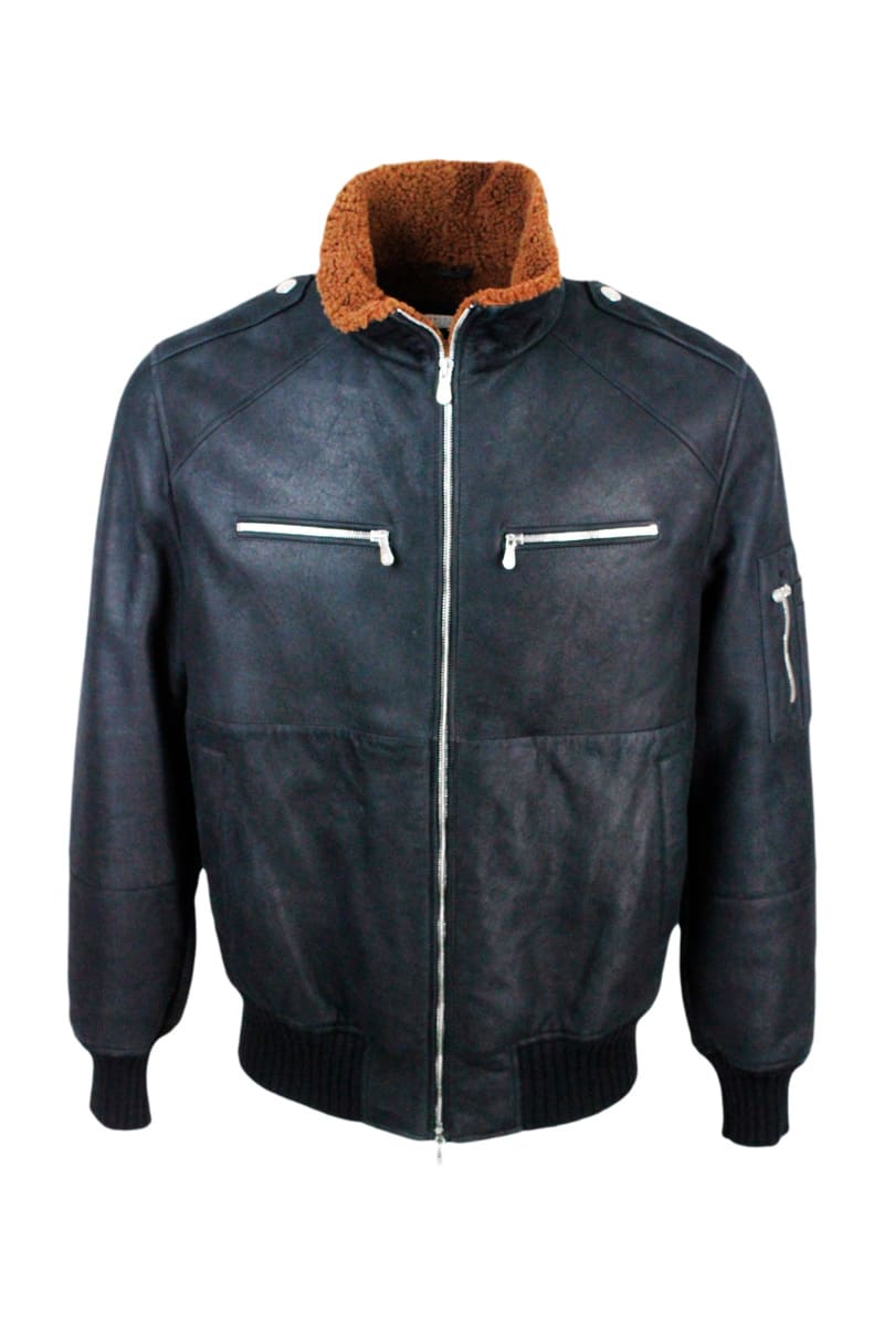 Suede Shearling Bomber Jacket With Zip Closure And Knitted Cuffs And Bottom