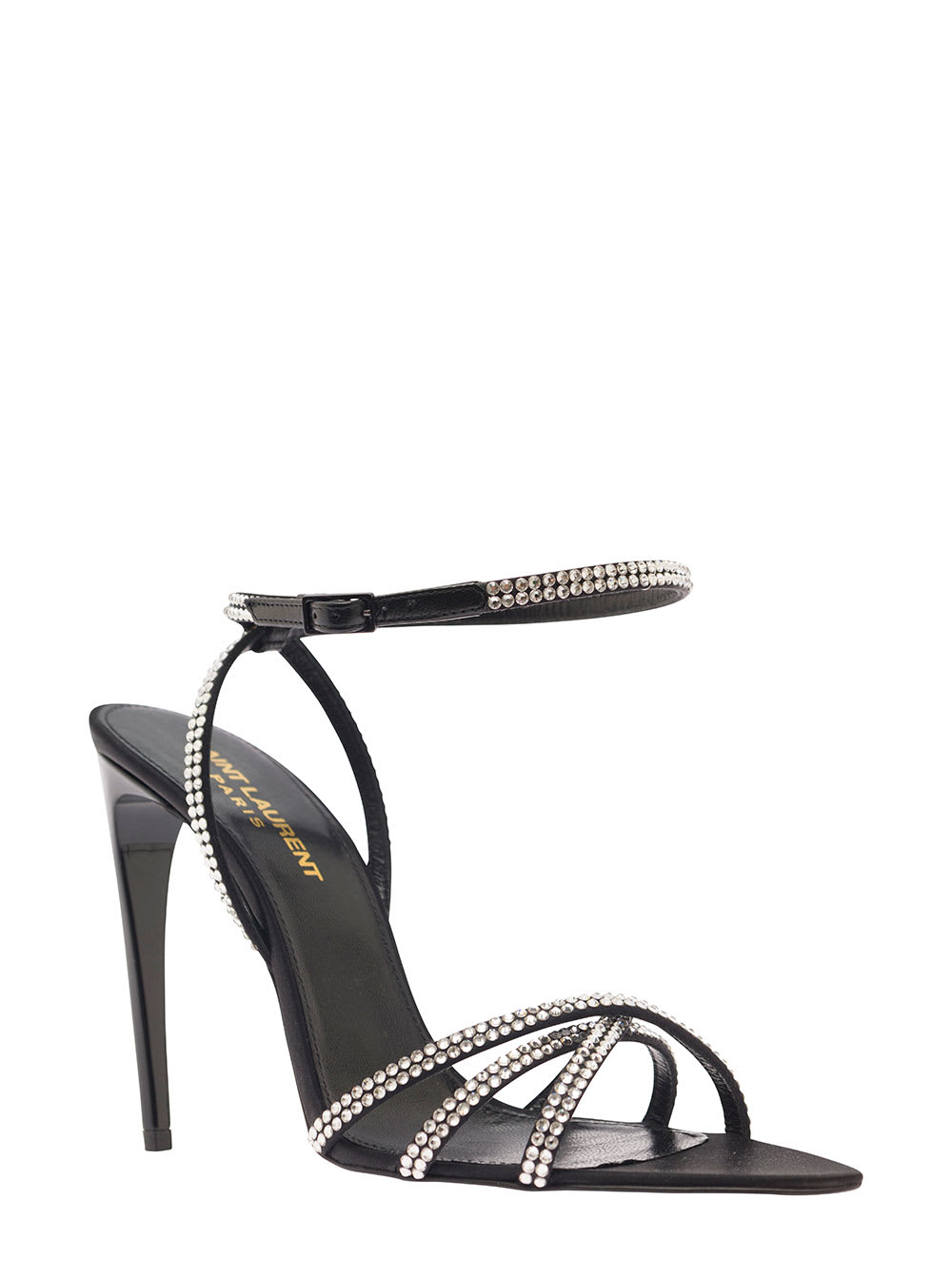 Shop Saint Laurent Ava Black Sandals With Rhinestone Crisscrossed Straps And Comma Stiletto Heel In Crepe Satin Woman