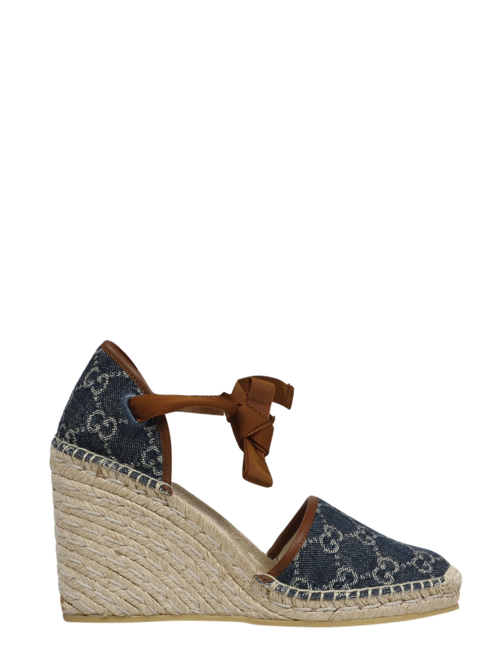 Buy Gucci Gg Denim Wedge Espadrilles online, shop Gucci shoes with free shipping