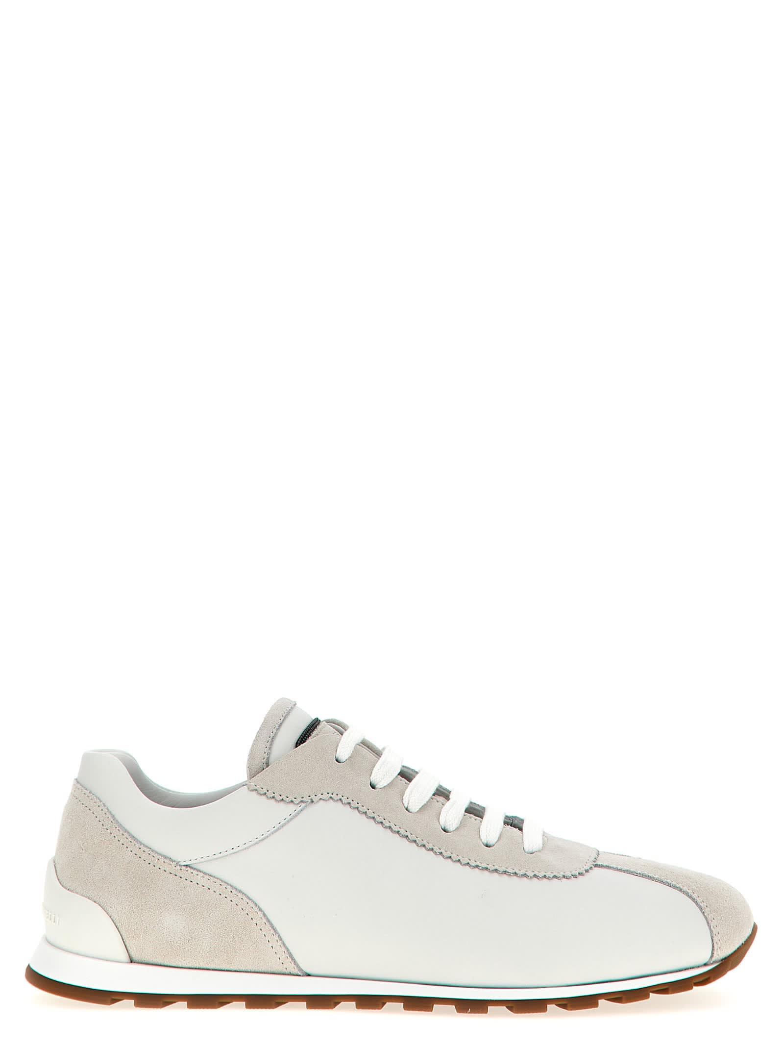 Brunello Cucinelli Embellished Suede-trimmed Stretch-knit Sneakers In Beige