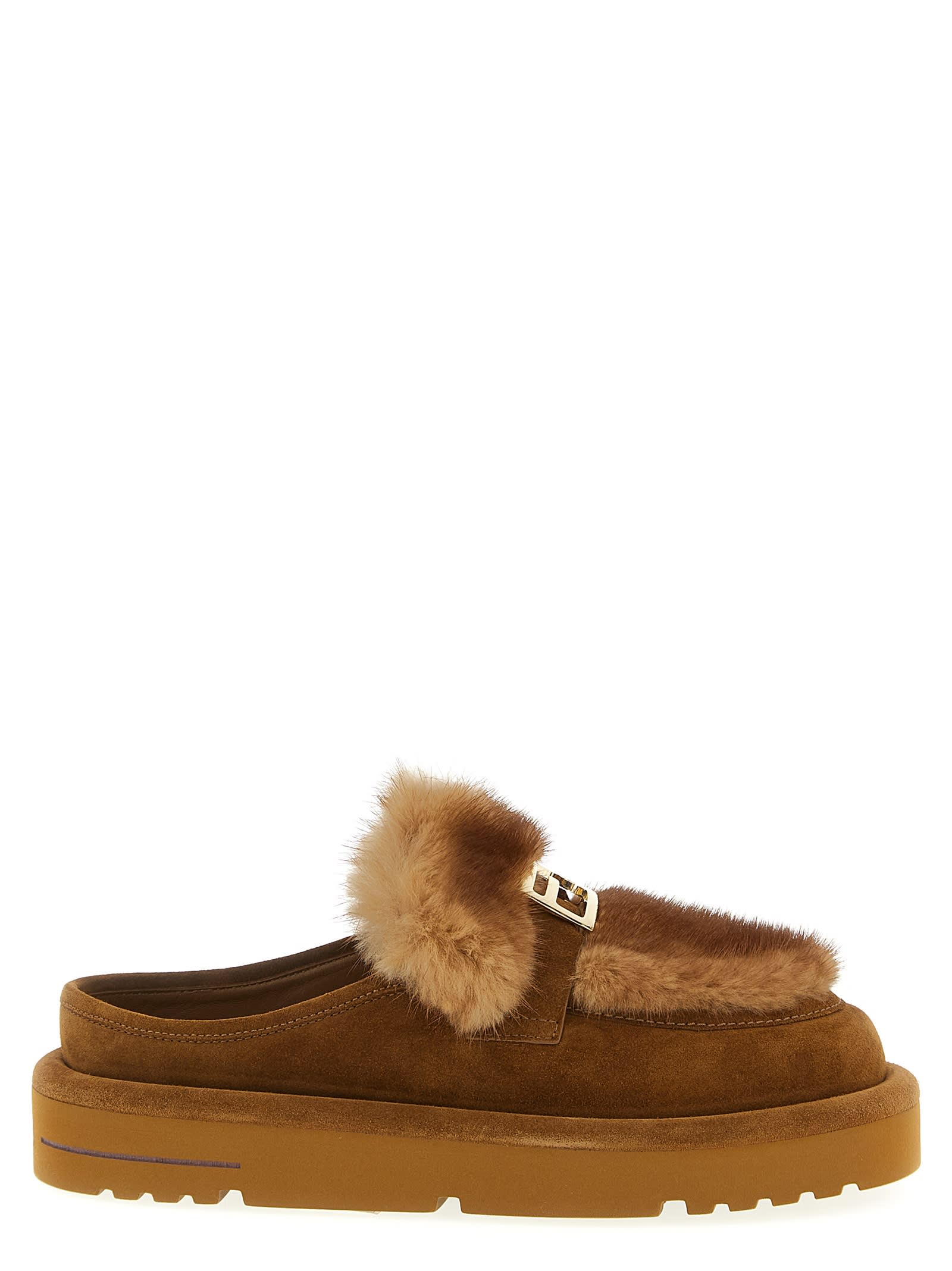Fendi Apres Chic Brown Suede And Mink Sabots In Brown