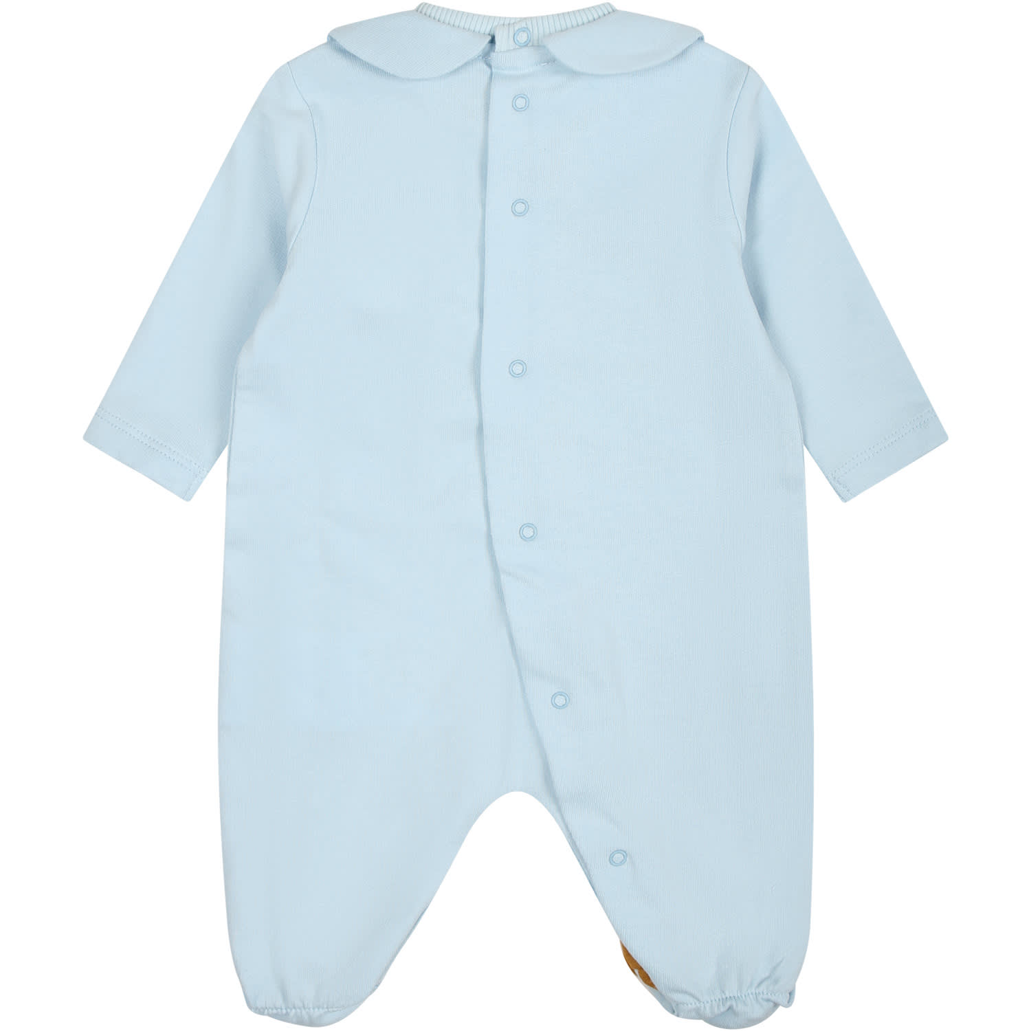 Shop Moschino Light Blue Playsuit For Baby Boy With Logo And Teddy Bear