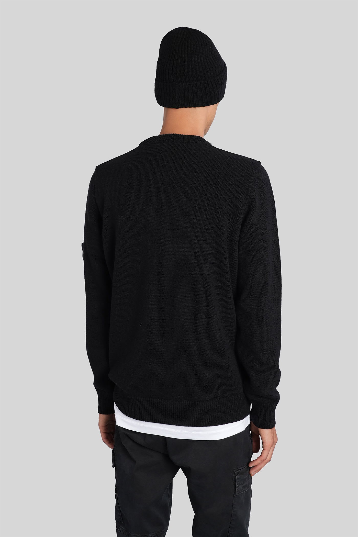 Stone Island Stretch Wool Crewneck Sweater With Reverse Stitch Details In Black