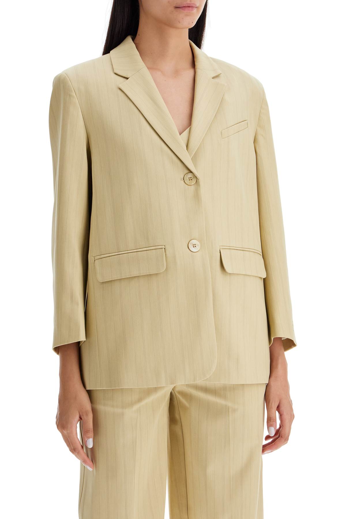 Shop Ganni Striped Boxy Blazer In Sahara Sun (beige)