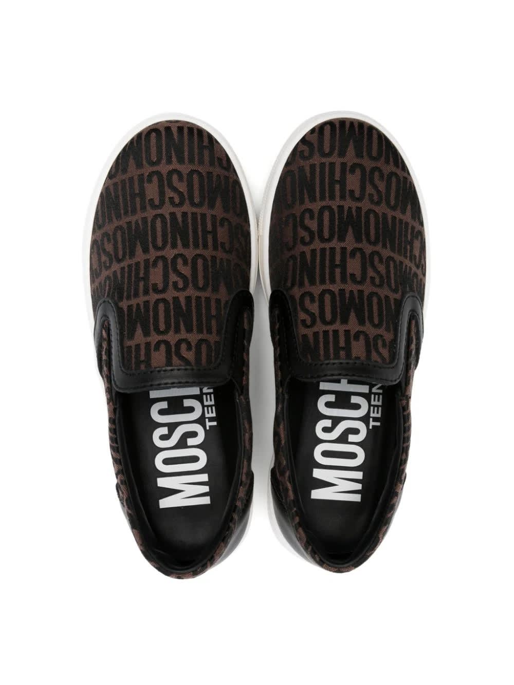 Shop Moschino Sneakers With Embroidery In Brown