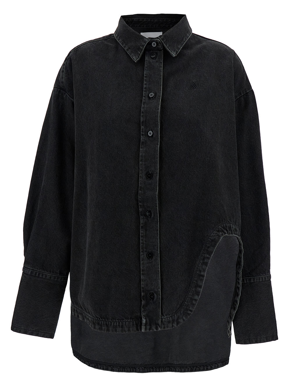 Shop Attico Diana Oversized Black Shirt With Asymmetric Hem And Logo Embroidery In Denim Woman