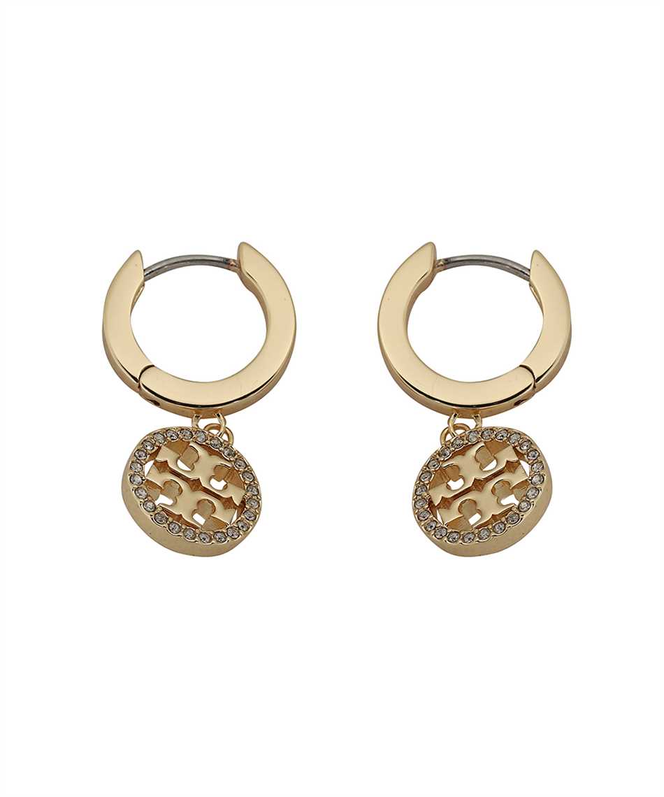 Shop Tory Burch Miller Logo Hoop Earrings In Gold/crystal