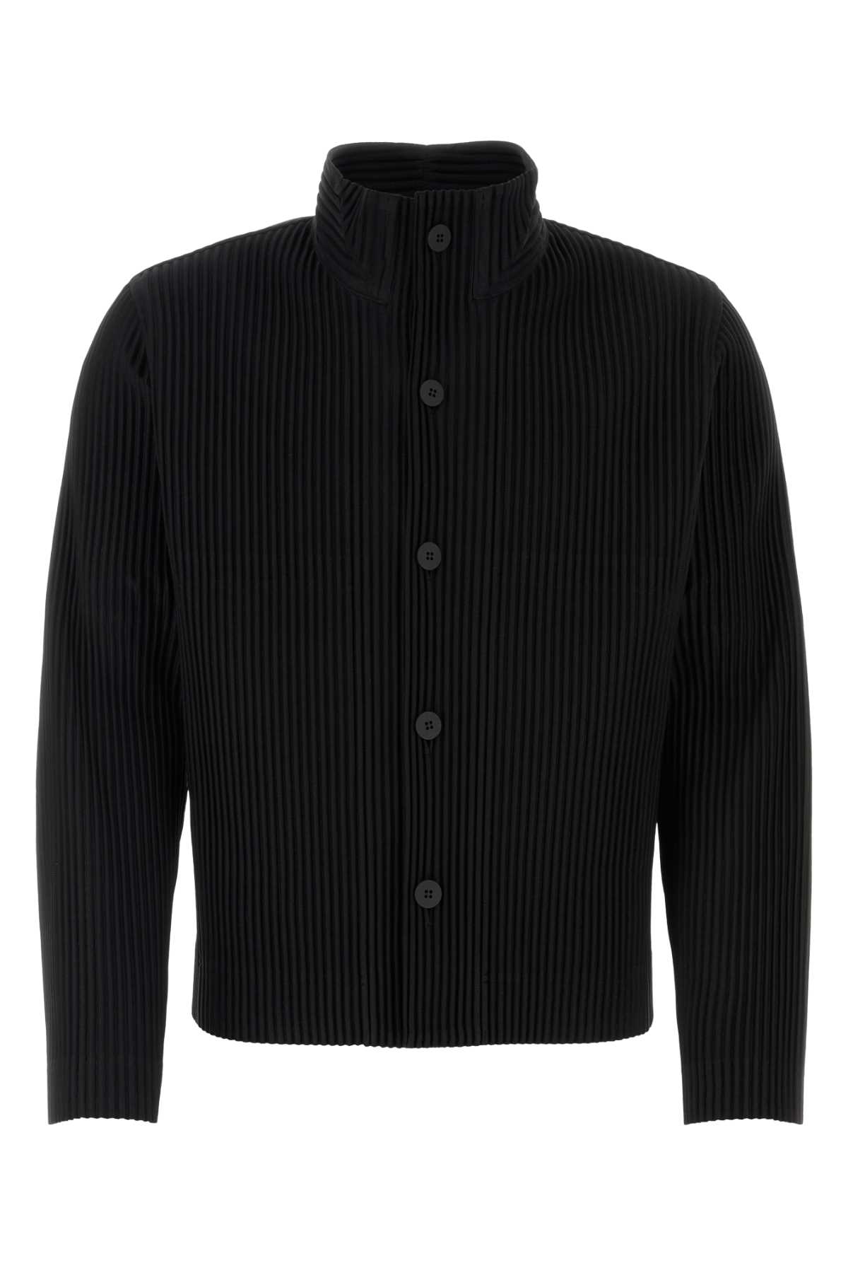 Issey Miyake Ribbed Texture High Collar Pleated Cardigan In Black